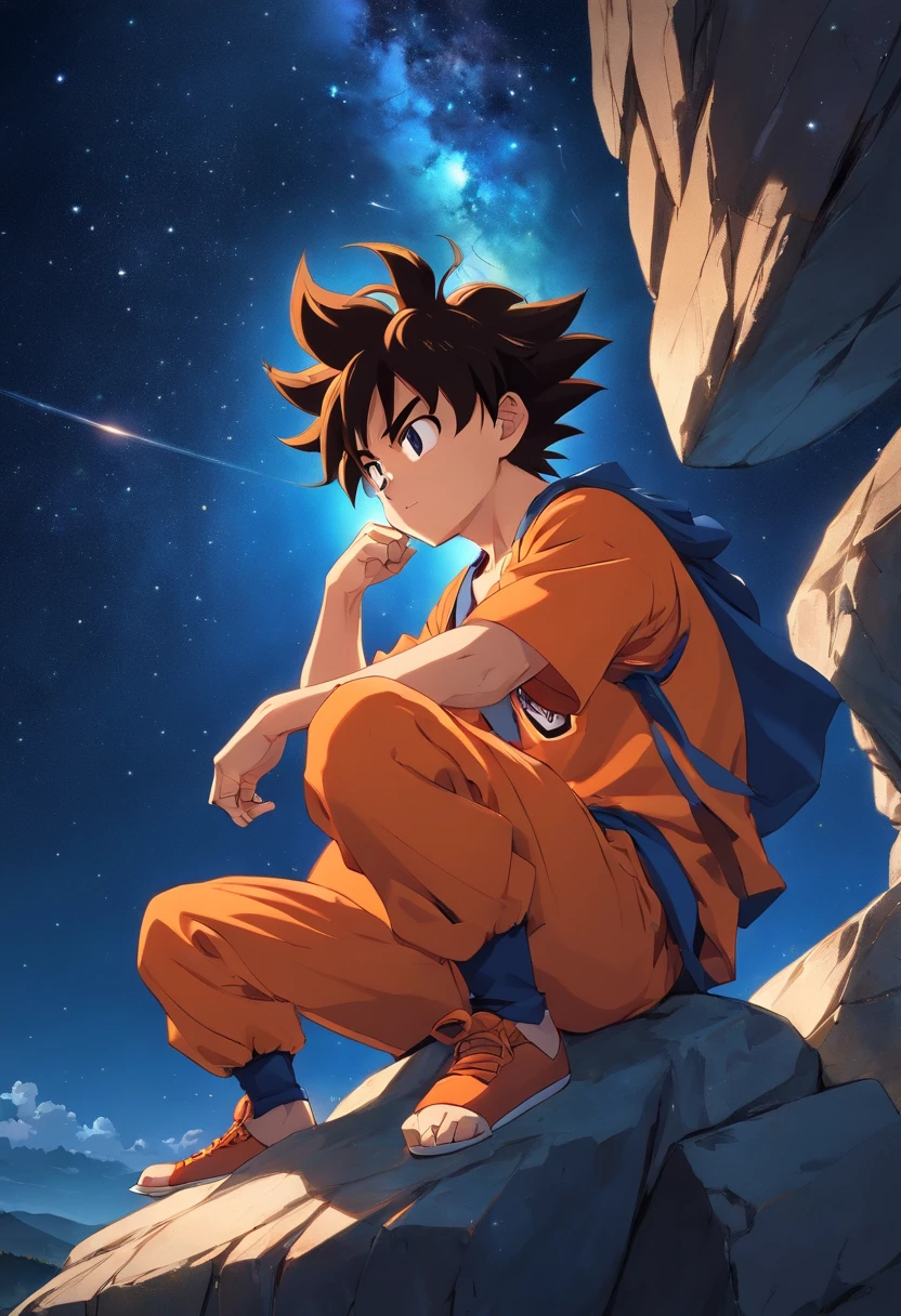 Goku's child on top of a large stone, Olhando para o horizonte, orange shirt and pants, night and starry sky, bright stars in the sky, back vision