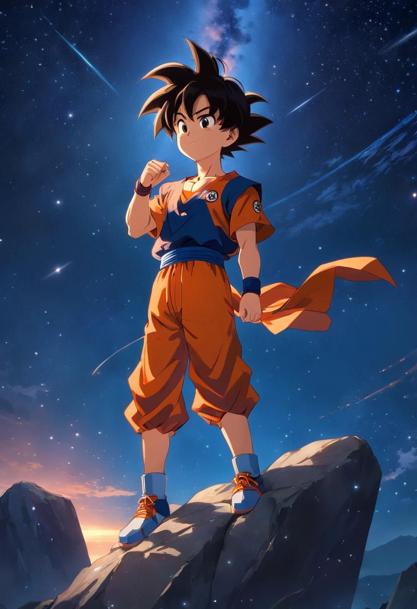 Goku's child on top of a large stone, Olhando para o horizonte, orange shirt and pants, night and starry sky, bright stars in the sky, back vision
