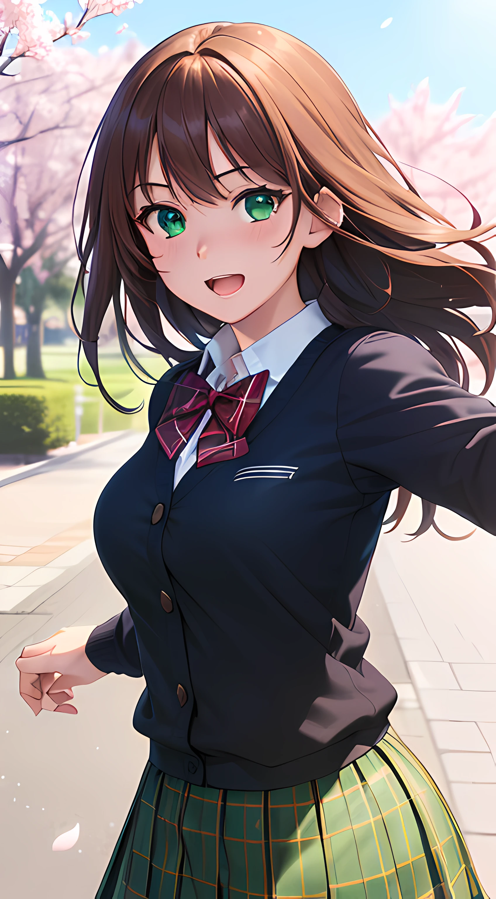 ((masterpiece, best quality, highres, UHD, perfect pixel, depth of field, 4k, RTX, HDR))), 1girl, single, solo, beautiful anime girl, beautiful artstyle, anime character, ((long hair, bangs, brown hair, curly hair:0.8)), ((green eyes:1.4, rounded eyes, beautiful eyelashes, realistic eyes)), ((detailed face, blushing:1.2)), ((smooth texture:0.75, realistic texture:0.65, photorealistic:1.1, anime CG style)), medium breasts, dynamic angle, perfect body, ((POV, dynamic pose, portrait)), ((red bowtie, school uniform, white shirt, long sleeve, black skirt, plaid skirt)), smile, open mouth, amusement park, cherry blossom
