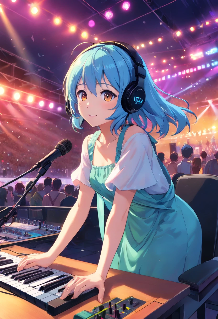 (masterpiece、top-quality、8K )、Bird View、Overhead view camera work、Anime slender with headphones sitting on inorganic table on laptop, creature, Beauty, Retro Modern, lock, urgent, Perfect, epicd,Music Studio, Best Shadows, Shallow depth of field, (of the highest quality, Amazing details: 1,4), Fancy, Glare, Neon Garland,intricate detailes,ultra-detailliert、one girls、Grinning 、(Live Stage:1.3),(Recording Microphone、Colorful dresses、Condenser microphone、Mixing Machine、Sampling Machine、mixer、Monitors:1.2),recording studio、Spotlight from behind、Hyper realistic,Perfect Anatomy、lightblue hair、Short Bob Hair