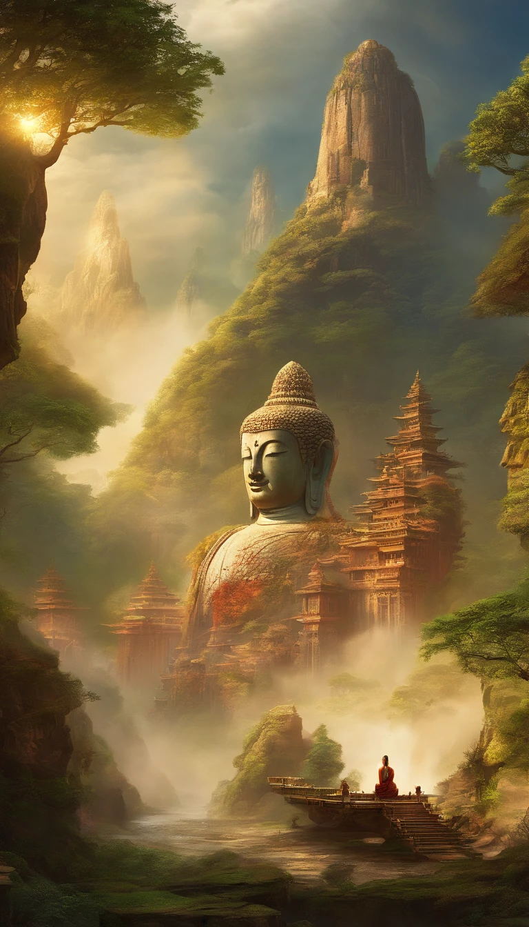 A giant, Realistic depiction of Leshan Buddha, Blend seamlessly with nature, surrealism, Ultra-detailed, Photorealistic:1.37, 3D rendering, Cinematic lighting, Divine light, Ultra-high definition, Masterpiece:1.2, Textured skin, Best quality, high resolution