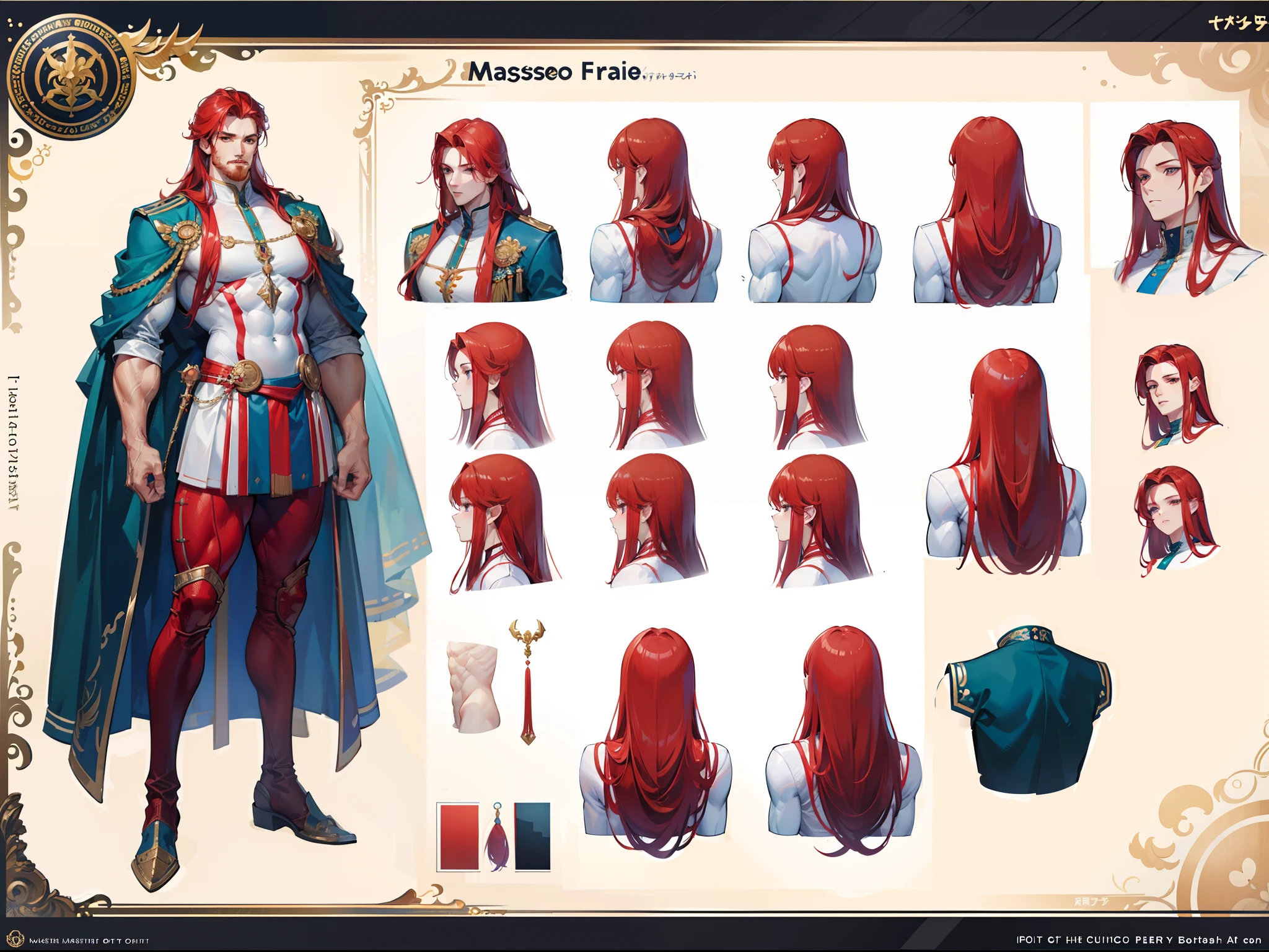 ((Masterpiece, Highest quality)), Detailed face, character design sheet, full bodyesbian, Full of details, frontal body view, back body view, Highly detailed, Depth, Many parts, Muscle boy with long red hair,handsome man, muscle body, white outfit male gods, man tall