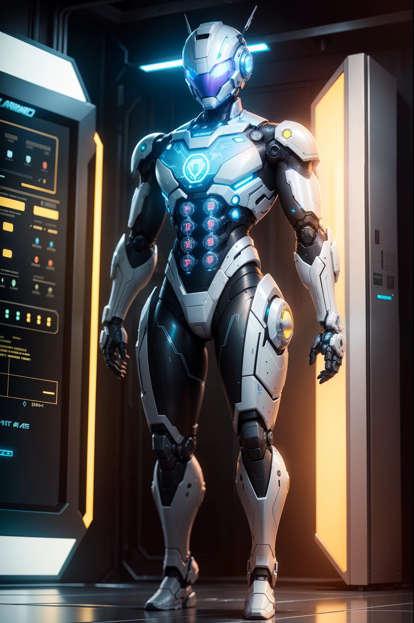 A realistic transparent Marvel combat machine-style non-human robot in an advanced cybernetic suit, with cyberpunk helmet and technological visor, traje branco e amarelo-alaranjado