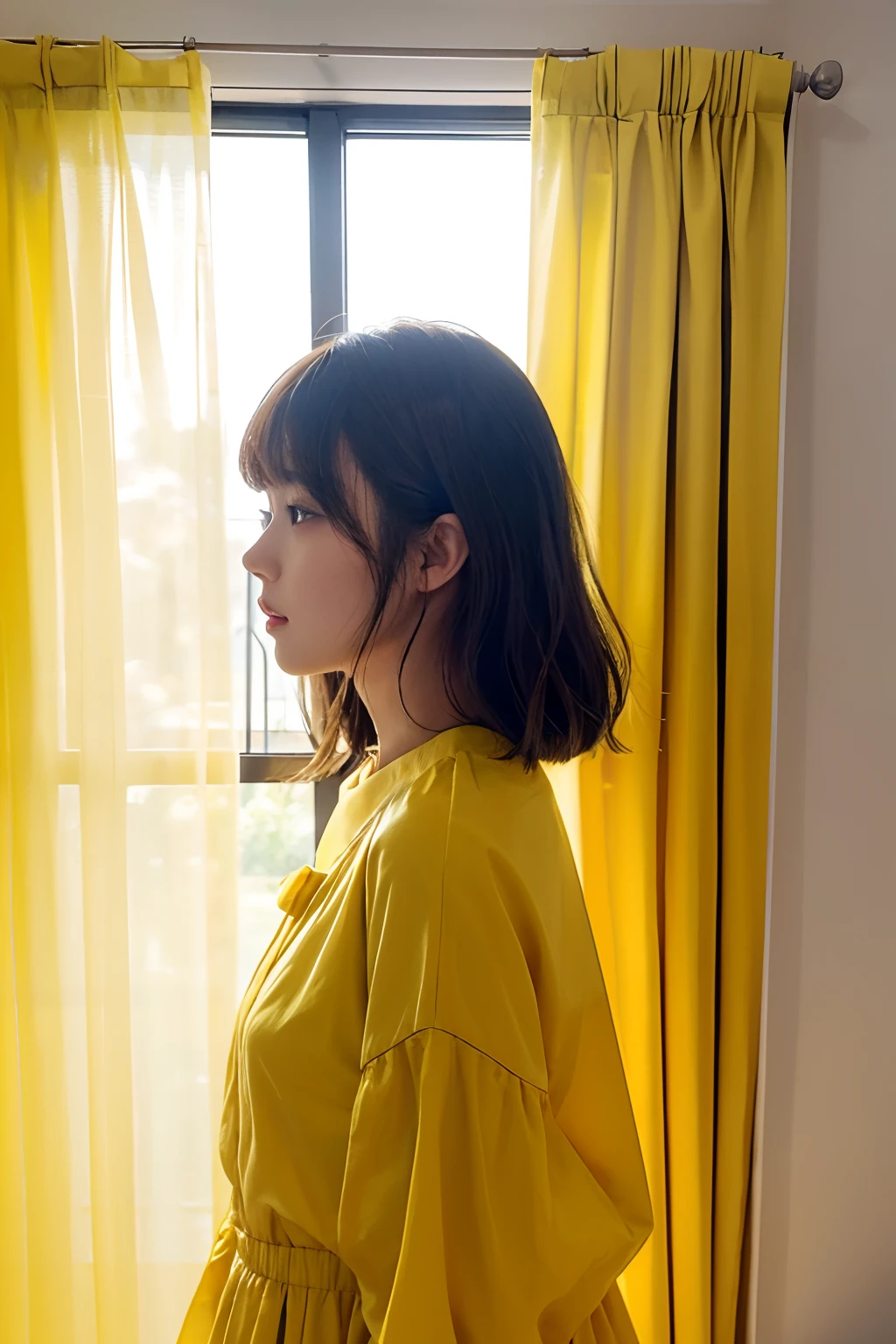 there is a woman that is leaning against a curtain, lalisa manobal, sakimichan, ulzzang, with yellow cloths, sun yunjoo, with full bangs, with bangs, bae suzy, profile pic, korean girl, wavy hair yellow theme, lalisa manoban of blackpink, yellow clothes, jaeyeon nam