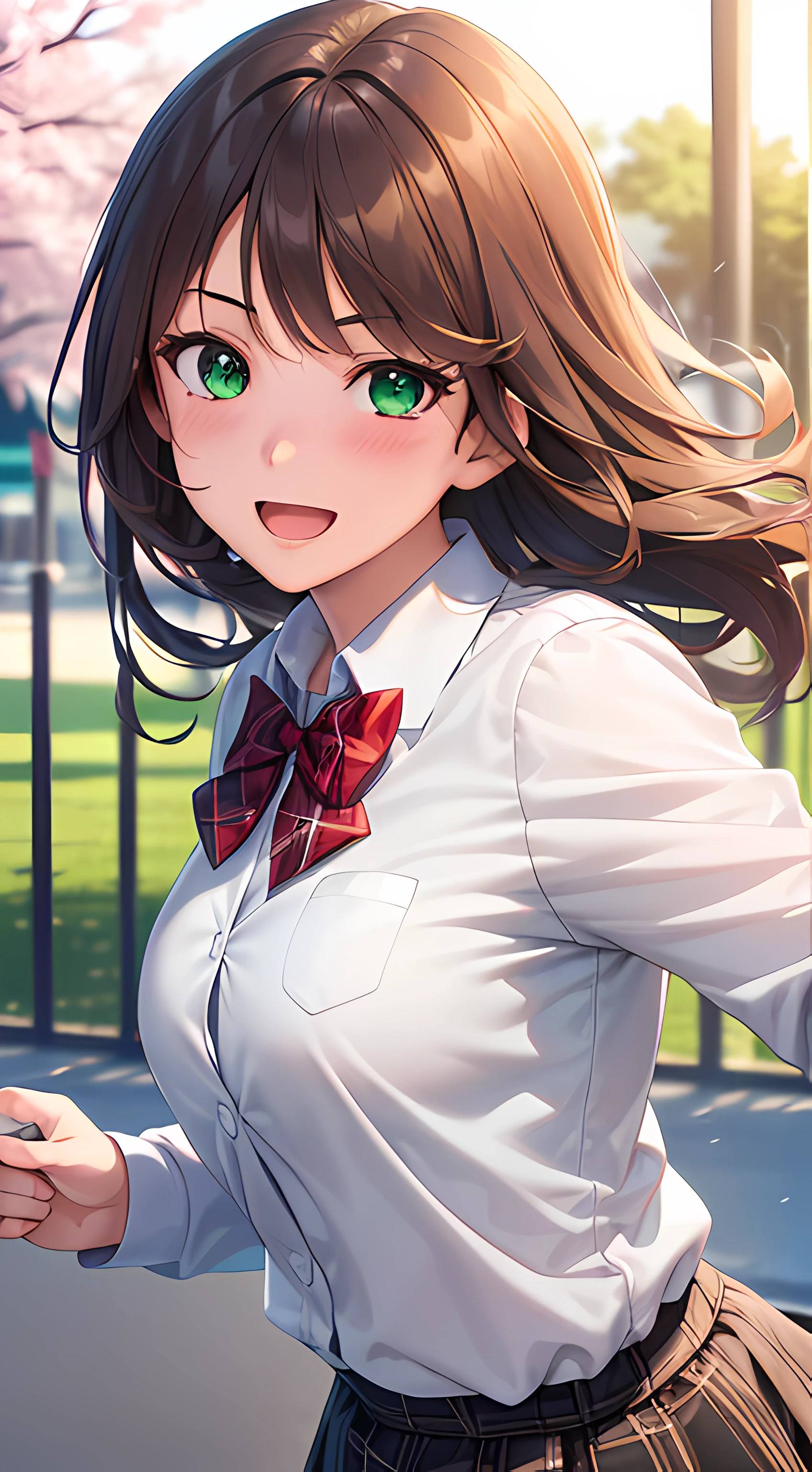 ((masterpiece, best quality, highres, UHD, perfect pixel, depth of field, 4k, RTX, HDR))), 1girl, single, solo, beautiful anime girl, beautiful artstyle, anime character, ((long hair, bangs, brown hair, curly hair:0.8)), ((green eyes:1.4, rounded eyes, beautiful eyelashes, realistic eyes)), ((detailed face, blushing:1.2)), ((smooth texture:0.75, realistic texture:0.65, photorealistic:1.1, anime CG style)), medium breasts, dynamic angle, perfect body, ((POV, dynamic pose, portrait)), ((red bowtie, school uniform, white shirt, long sleeve, black skirt, plaid skirt)), smile, open mouth, amusement park, cherry blossom