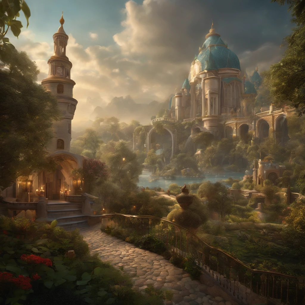 Fairy tales, Neverland city. reality is an illusion. a beautiful landscape combined with a large futuristc pattern. magical atmosphere, lightness, airiness. oil painting., trending on artstation, sharp focus, studio photo, intricate details, highly detailed, by greg rutkowski