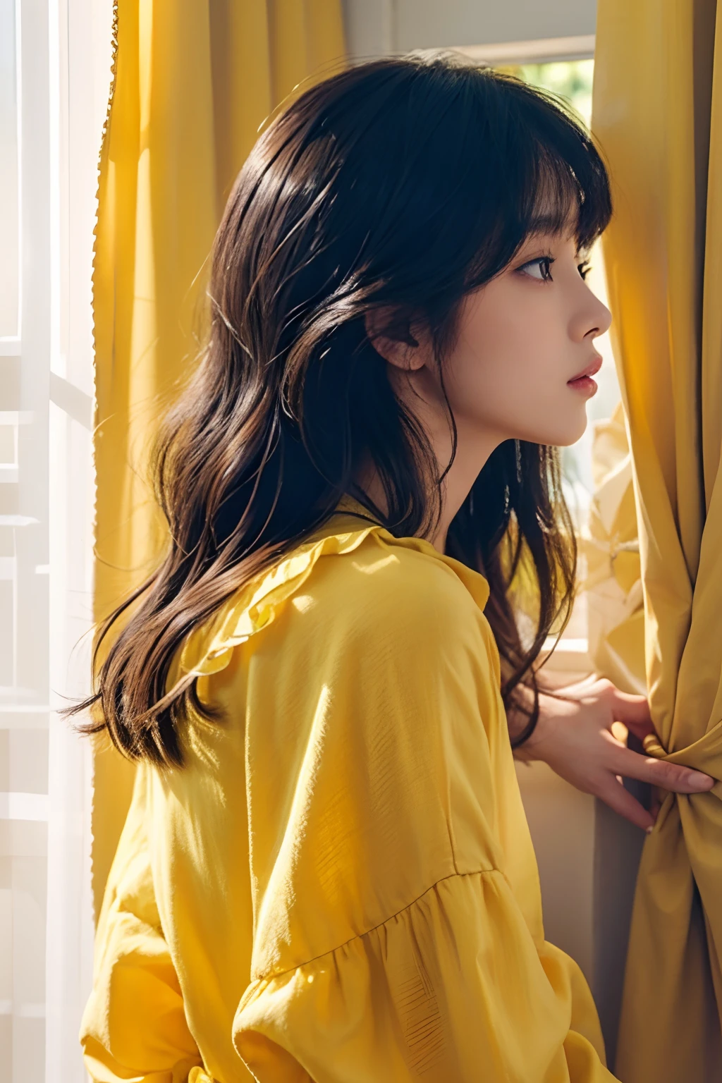 there is a woman that is leaning against a curtain, lalisa manobal, sakimichan, ulzzang, with yellow cloths, sun yunjoo, with full bangs, with bangs, bae suzy, profile pic, korean girl, wavy hair yellow theme, lalisa manoban of blackpink, yellow clothes, jaeyeon nam