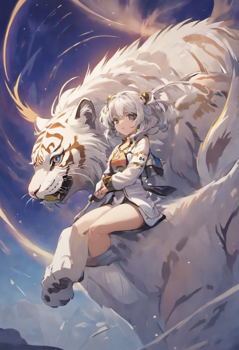 the white tiger,(Through the clouds),(Top of the mountains),(复杂),(super detailing),(hazed out,(Strong limbs),(Moon Night),(ultraclear),(best qualtiy),Shock force