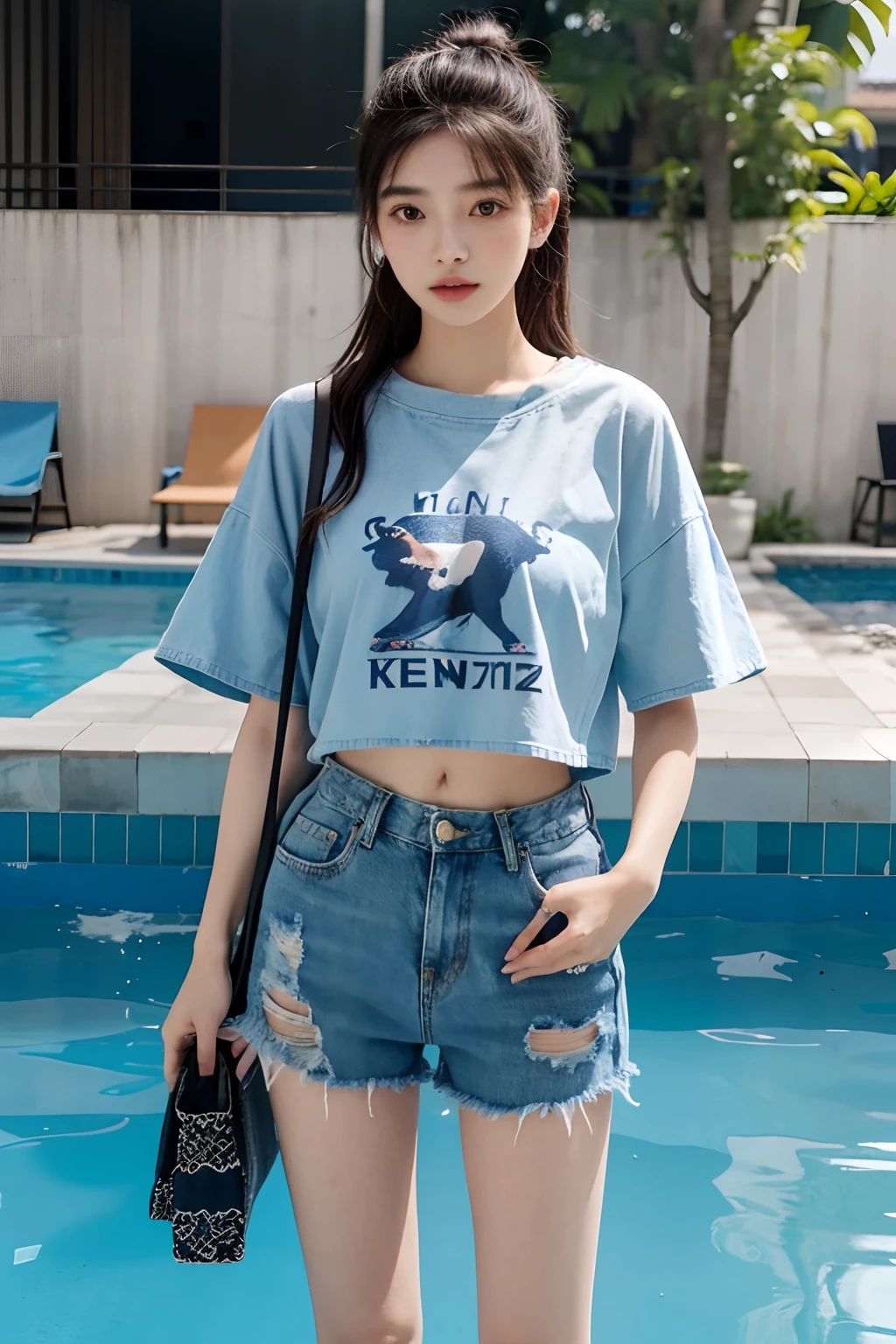 araffe woman standing by a pool with a bag in her hand, casual clothing style, denim short pants, katelynn mini cute style, casual summer clothes, bae suzy, simple style, casual modern clothing, korean women's fashion model, with ripped crop t - shirt, simple clothes, short jeans, mini jeans skirt, wearing shorts and t shirt, in summer