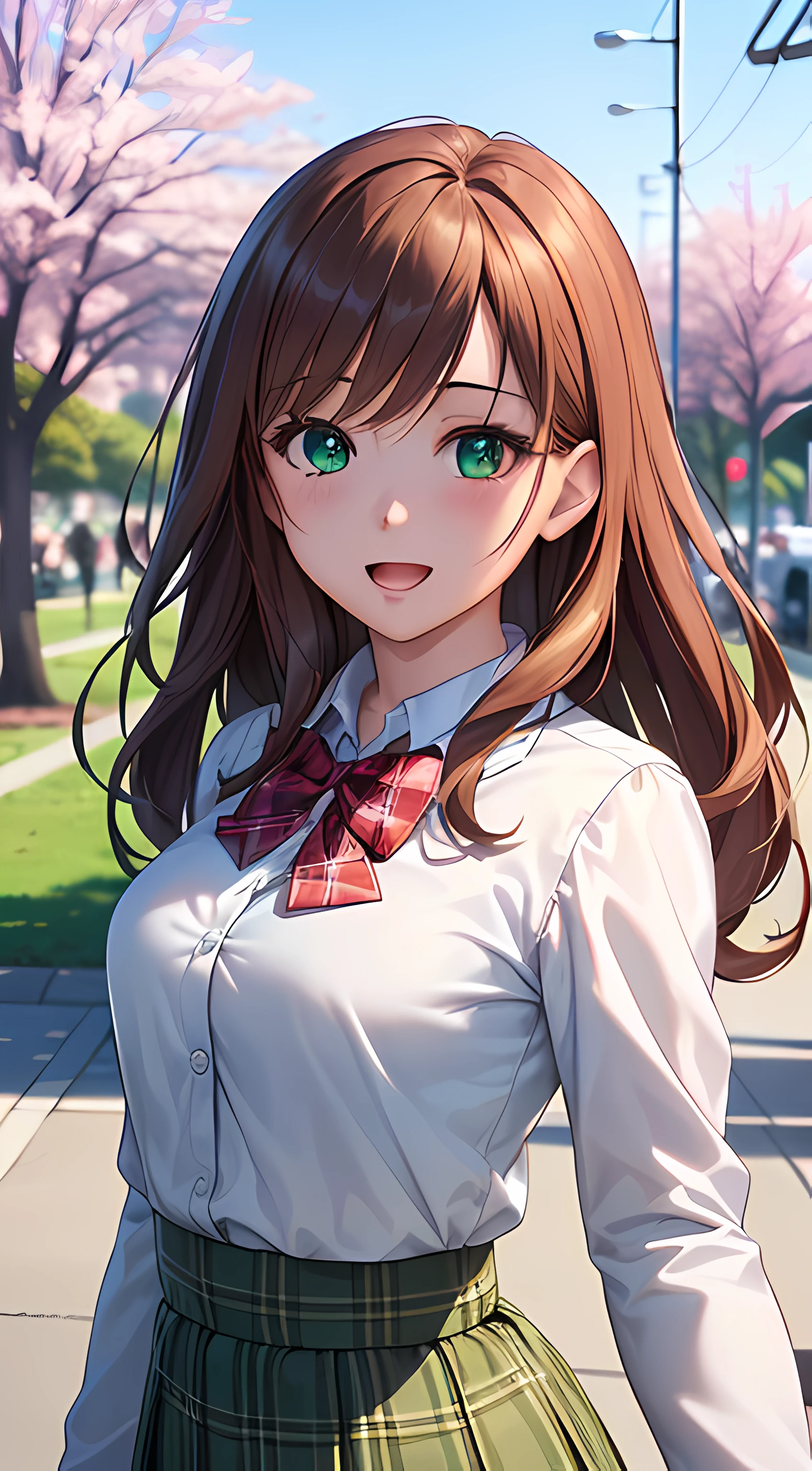 ((masterpiece, best quality, highres, UHD, perfect pixel, depth of field, 4k, RTX, HDR))), 1girl, single, solo, beautiful anime girl, beautiful artstyle, anime character, ((long hair, bangs, brown hair, curly hair:0.8)), ((green eyes:1.4, rounded eyes, beautiful eyelashes, realistic eyes)), ((detailed face, blushing:1.2)), ((smooth texture:0.75, realistic texture:0.65, photorealistic:1.1, anime CG style)), medium breasts, dynamic angle, perfect body, ((POV, dynamic pose, portrait)), ((red bowtie, school uniform, white shirt, long sleeve, black skirt, plaid skirt)), smile, open mouth, amusement park, cherry blossom