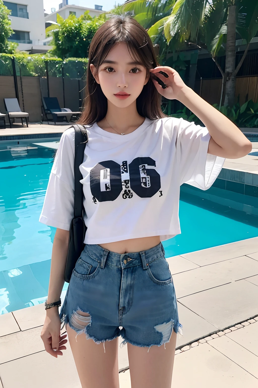 araffe woman standing by a pool with a bag in her hand, casual clothing style, denim short pants, katelynn mini cute style, casual summer clothes, bae suzy, simple style, casual modern clothing, korean women's fashion model, with ripped crop t - shirt, simple clothes, short jeans, mini jeans skirt, wearing shorts and t shirt, in summer