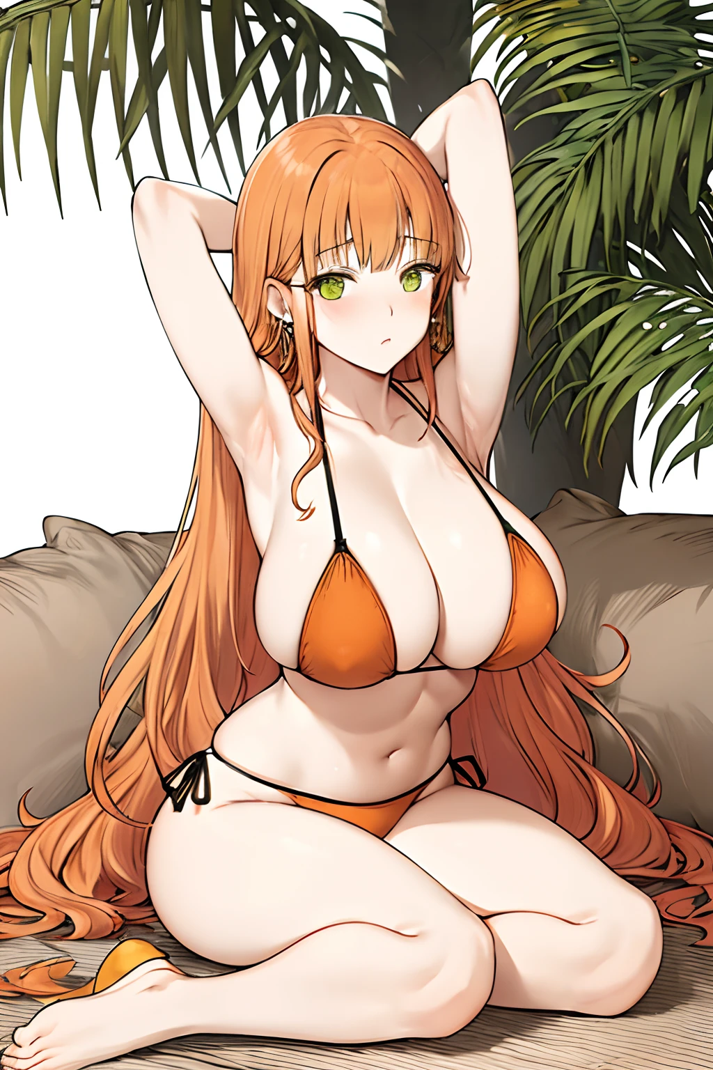 (Mimosa vermillion),bangs,mimosa earrings,Big breasts,long hair,orange hair,green eyes,sitting,bikini black,blushing,both arms up,perfect body,