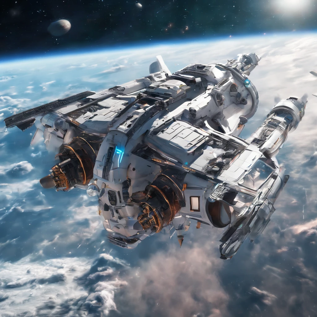 vista de longe ((Apenas uma, unique)) uma nave espacial, Helicopter style ((sem aeres)), de lucho, futurista, ((500 metros de comprimento)) ((5 metros, LARGURA)) ((uma aza na direita, uma aza na esquerda))blindagem, futurista, ouro, Branco, metal, Plano. Guerra Futurista, Flying through space ((sem corte)) (8k realista)