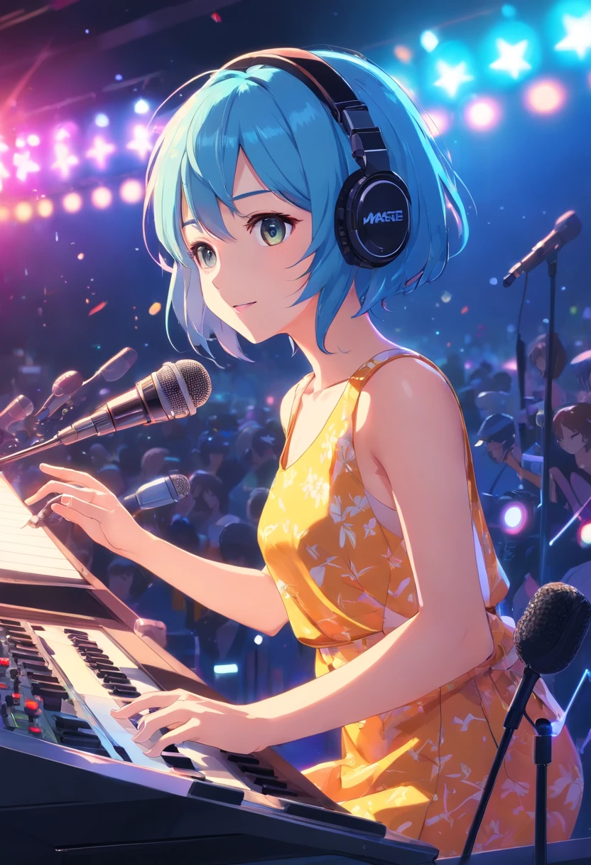 (​masterpiece、top-quality、8K )、Bird View、Overhead view camera work、Anime slender with headphones sitting on inorganic table on laptop, creature, Beauty, Retro Modern, lock, urgent, Perfect, epicd,Music Studio, Best Shadows, Shallow depth of field, (of the highest quality, Amazing details: 1,4), Fancy, Glare, Neon Garland,intricate detailes,ultra-detailliert、one girls、Grinning 、(Live Stage:1.3),(Recording Microphone、Colorful dresses、Condenser microphone、Mixing Machine、Sampling Machine、mixer、Monitors:1.2),sing at stage、Spotlight from behind、Hyper realistic,Perfect Anatomy、lightblue hair、Short Bob Hair、singers