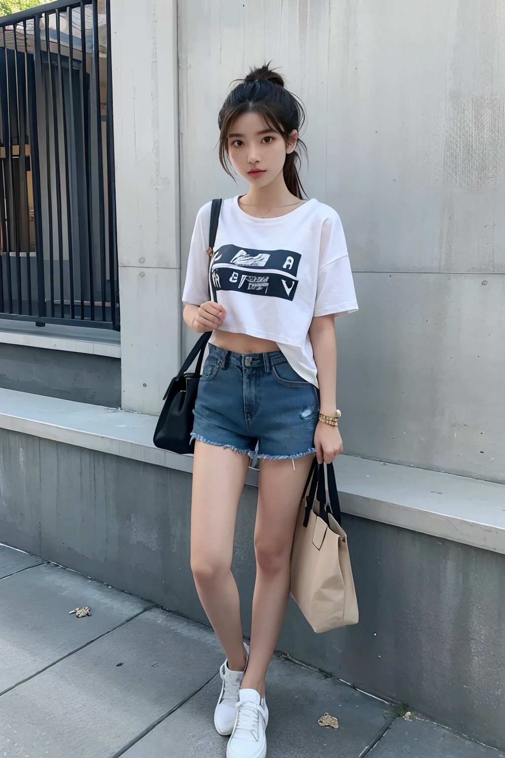 araffe woman standing by a pool with a bag in her hand, casual clothing style, denim short pants, katelynn mini cute style, casual summer clothes, bae suzy, simple style, casual modern clothing, korean women's fashion model, with ripped crop t - shirt, simple clothes, short jeans, mini jeans skirt, wearing shorts and t shirt, in summer
