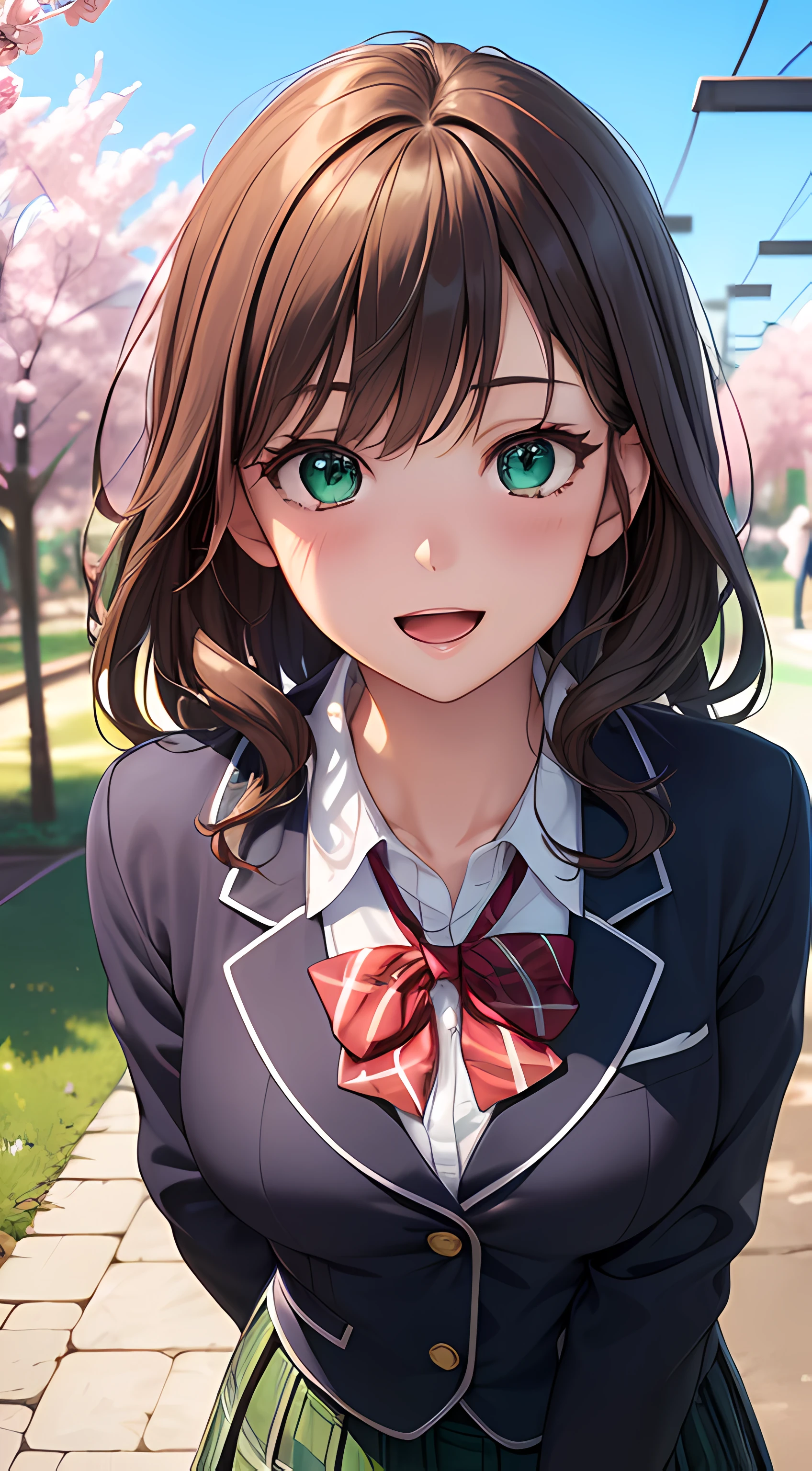 ((masterpiece, highest quality, High resolution, UHD, perfect pixel, Depth of bounds written, 4K, rtx, HDR))), 1 girl, single, alone, beautiful anime girl, beautiful art style, anime character,((bangs, brown hair, ponytail:1.5)), ((green eyes:1.4, round eyes, beautiful eyelashes, realistic eyes)), ((detailed face, blush:1.2)), ((smooth texture:0.75, realistic texture:0.65, realistic:1.1, Anime CG style)), medium breasts, dynamic angle, perfect body, ((throw, close)), ((Green bow tie, school uniform, white shirt, black skirt, plaid skirt)), smile, open your mouth, amusement park, Cherry Blossom