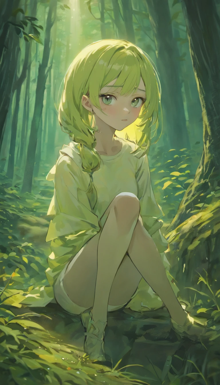 (Best quality,4K,8K,A high resolution,Masterpiece:1.2),Ultra-detailed,(Realistic,Photorealistic,photo-realistic:1.37),A woman wearing a white muscle Solid Turtleneck Ruched Crop Tank top with sharp silver hair,Beautiful detailed eyes,beautiful detailed lips,Extremely detailed face, Long eyelashes,Pupil highlight,Multi-layered pupils Additional details: She is sitting on a log in a dark forest,trees with moss. A gentle breeze brushed through her hair. Her pants are baggy cargo pants, Add elegance to her appearance. The moonlight casts a cold glow on her delicate features, Enhance her natural beauty. The fragrance of moss and humidity in the air, creating a serene and enchanting ambiance. When she poses gracefully, Her confident posture is relaxed, but mature. The scene is surrounded by mushrooms and short grass, The background is trees and semi-covered moonlight. Image quality: (Best quality,4K,8K,A high resolution,Masterpiece:1.2),Ultra-detailed,(Realistic,Photorealistic,photo-realistic:1.37),hdr,hyper HD,Studio lighting,Ultra-fine painting,Sharp focus,Physically-based rendering,Extreme detail description,professional,Vivid colors,Bokeh Art style: portrait,landscape palette: dark grunge tones,Focus on mute green tones, Complemented by the dim colors of the mushrooms in the grass. lighting: Soft natural moonlight illuminates the scene, Cast soft shadows,Particle light effects,creating a relaxing atmosphere.