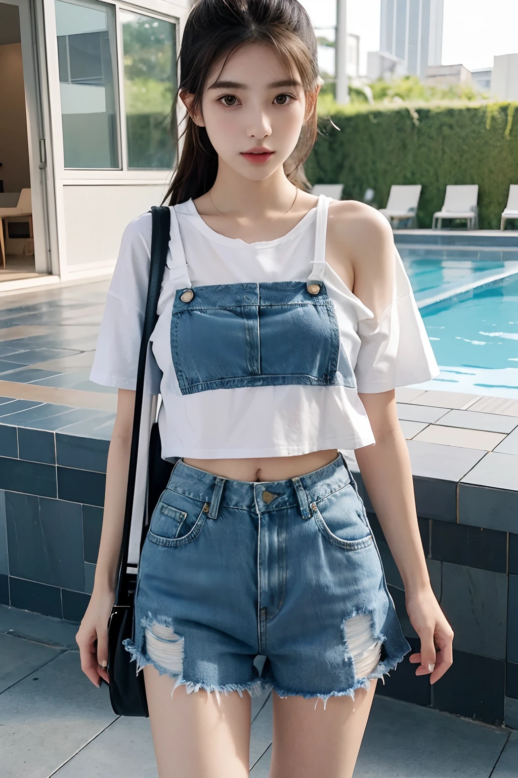 araffe woman standing by a pool with a bag in her hand, casual clothing style, denim short pants, katelynn mini cute style, casual summer clothes, bae suzy, simple style, casual modern clothing, korean women's fashion model, with ripped crop t - shirt, simple clothes, short jeans, mini jeans skirt, wearing shorts and t shirt, in summer