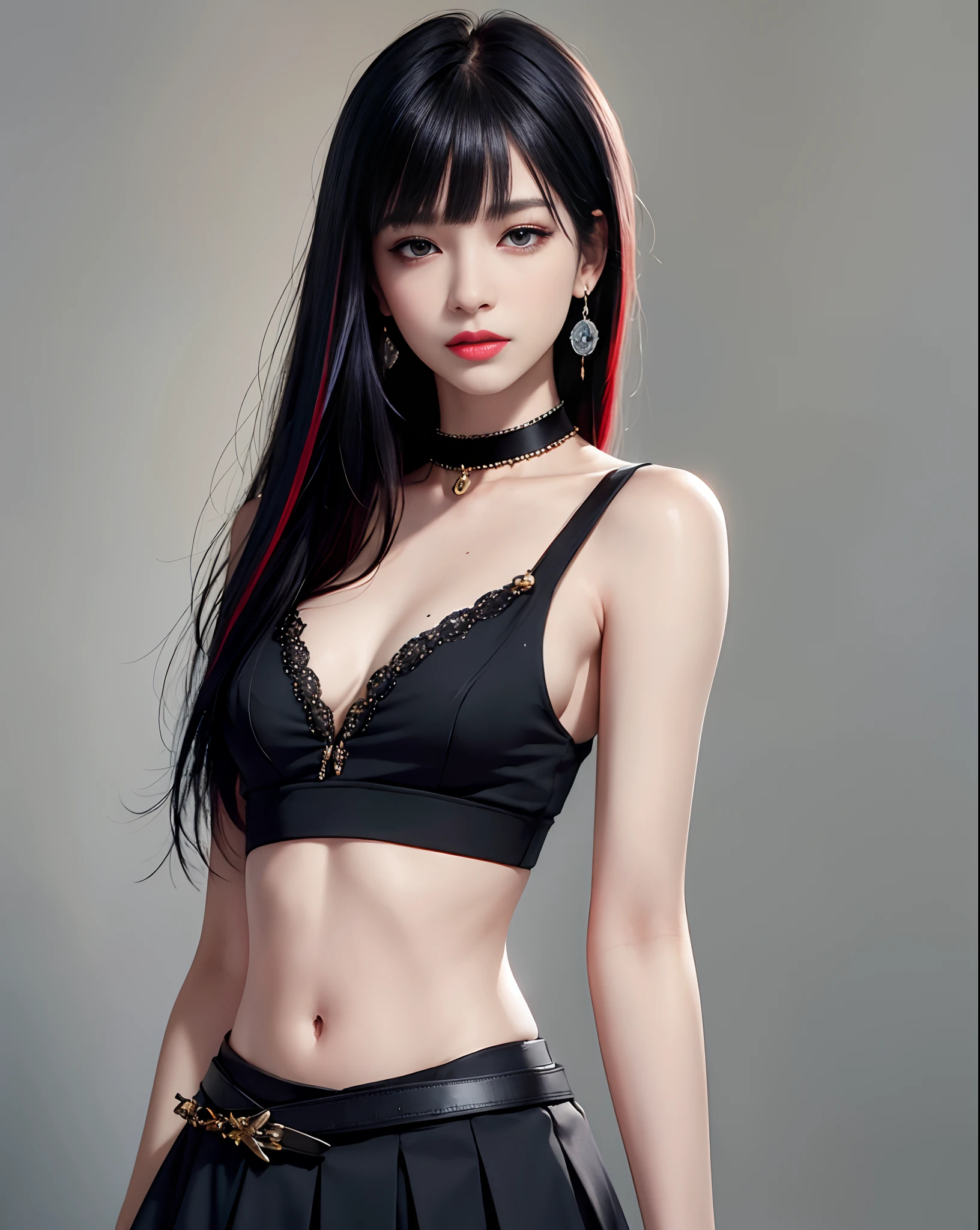 (masterpiece, best quality, 1girl, solo, intricate details, chromatic aberration), (realistic),(skin), ((breath)),(black hair,blunt bangs),detailed hair, red head ornament, blue highlights, hair over one eye,black eyes, small earrings, sharp eyes, choker,((black crop top )),(black skirt),(belt),open waist,(symmetry eyes),(perfect symmetrical body), night,(((natural light))),backlighting,against grey wall, dim lighting ,look at viewer,((centered shot, from front,(face and waist)))