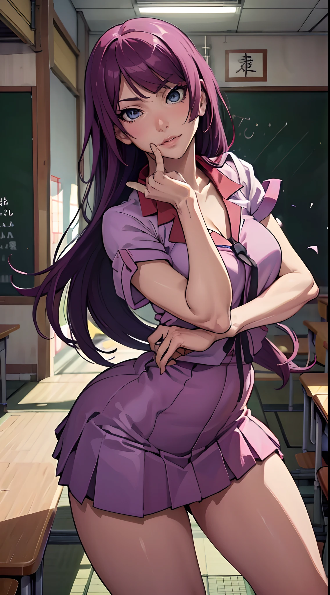 (melhor qualidade:1.3), Hitagi Senjougahara por Monogatari, (cabelos longos), (cara de), peituda, clivagem, sedutora, rosto sexy, sexy, body curvy, bunda grande, peitos grandes, (Japanese school uniform), (escola), ((sala de aula)), (Pose sexy)