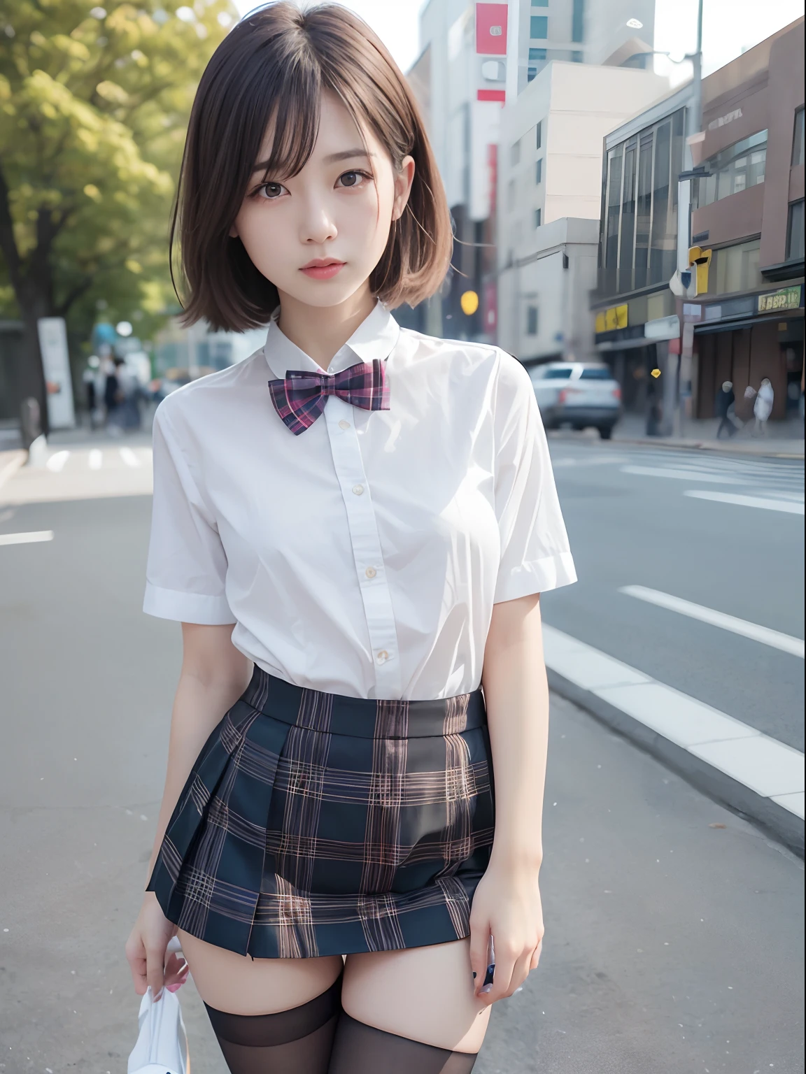 Ultra-high resolution,(reality: 1.4),Highest quality, masterpiece, Attention to detail, 16K quality, beautiful, 1 beautiful girl,super beautiful face,Baby Face,idol face,Cute Face,Highly detailed face,Detailed hands,beautiful skin,Rui々Fresh skin,Professional Lighting,short hair, Black Hair,brown beautiful eyes,(Sailor suit),Red bow tie,(Super mini skirt with tartan check pattern),Are standing,A gust of wind flipped my skirt up and I had to hold it down with my hands,(((Showing panties))),((White panties)),beautiful胸,Walking in the city,Browsing Caution,From below,Blur the background