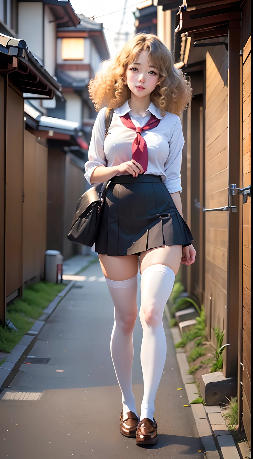 show entire body, curly haired Caucasian female, gorgeous, Japanese school uniform, short skirt, stockings, no shoes, outside, Tokyo neighborhood