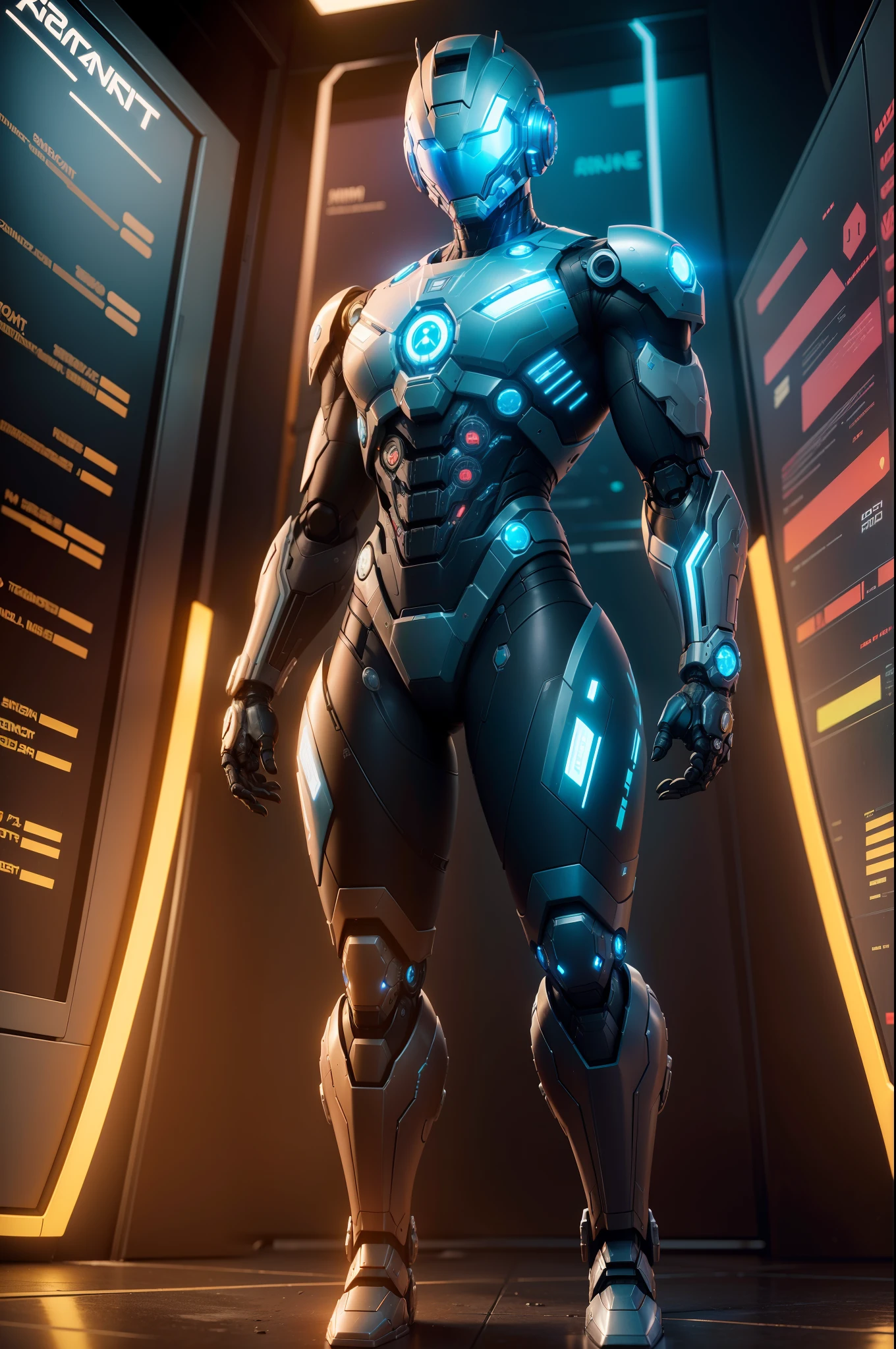 A realistic transparent Marvel combat machine-style non-human robot in an advanced cybernetic suit, with cyberpunk helmet and technological visor, traje branco e amarelo-alaranjado