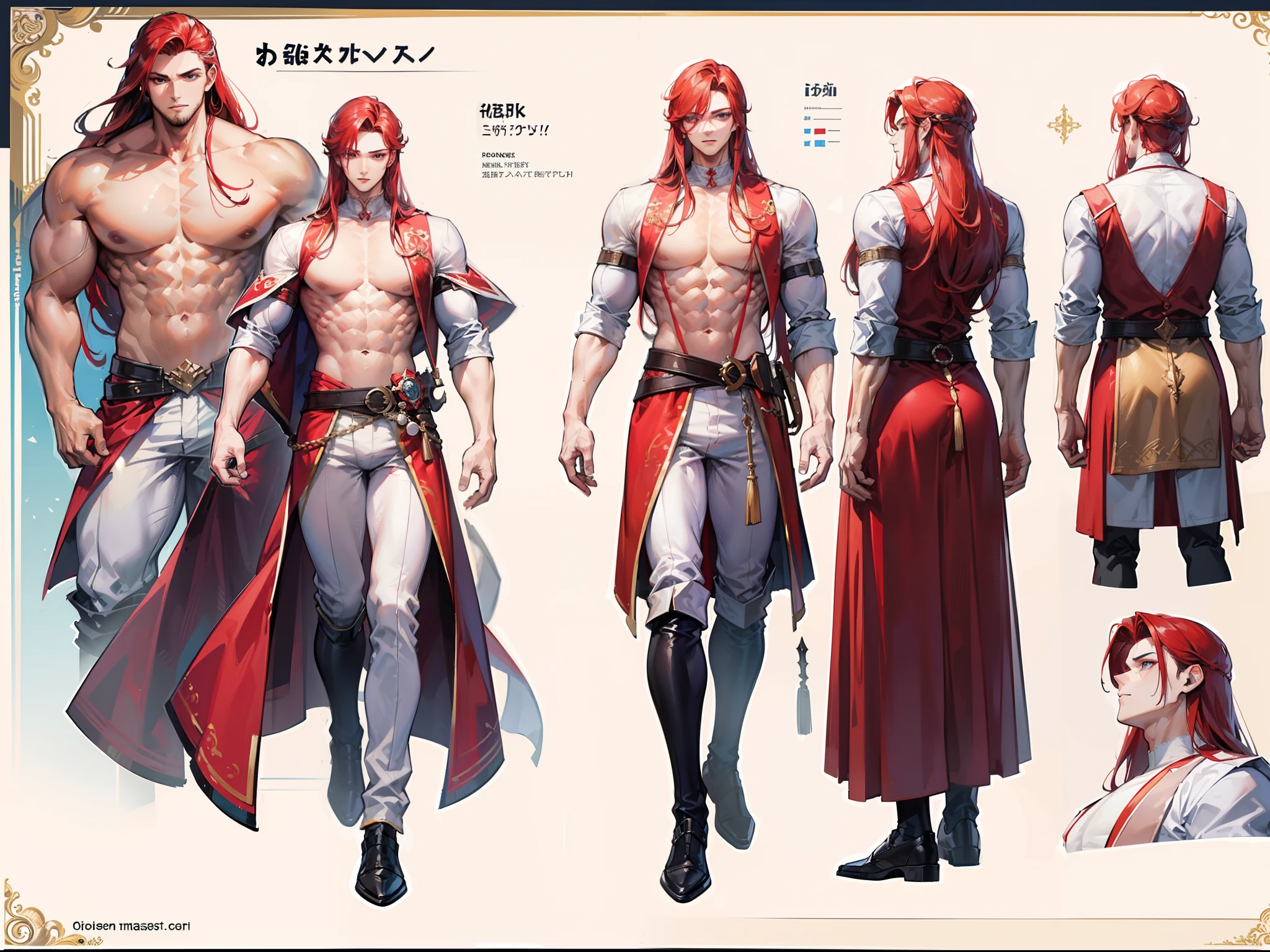((Masterpiece, Highest quality)), Detailed face, character design sheet, full bodyesbian, Full of details, frontal body view, back body view, Highly detailed, Depth, Many parts, Muscle boy with long red hair,handsome man, muscle body, white outfit male gods, man tall