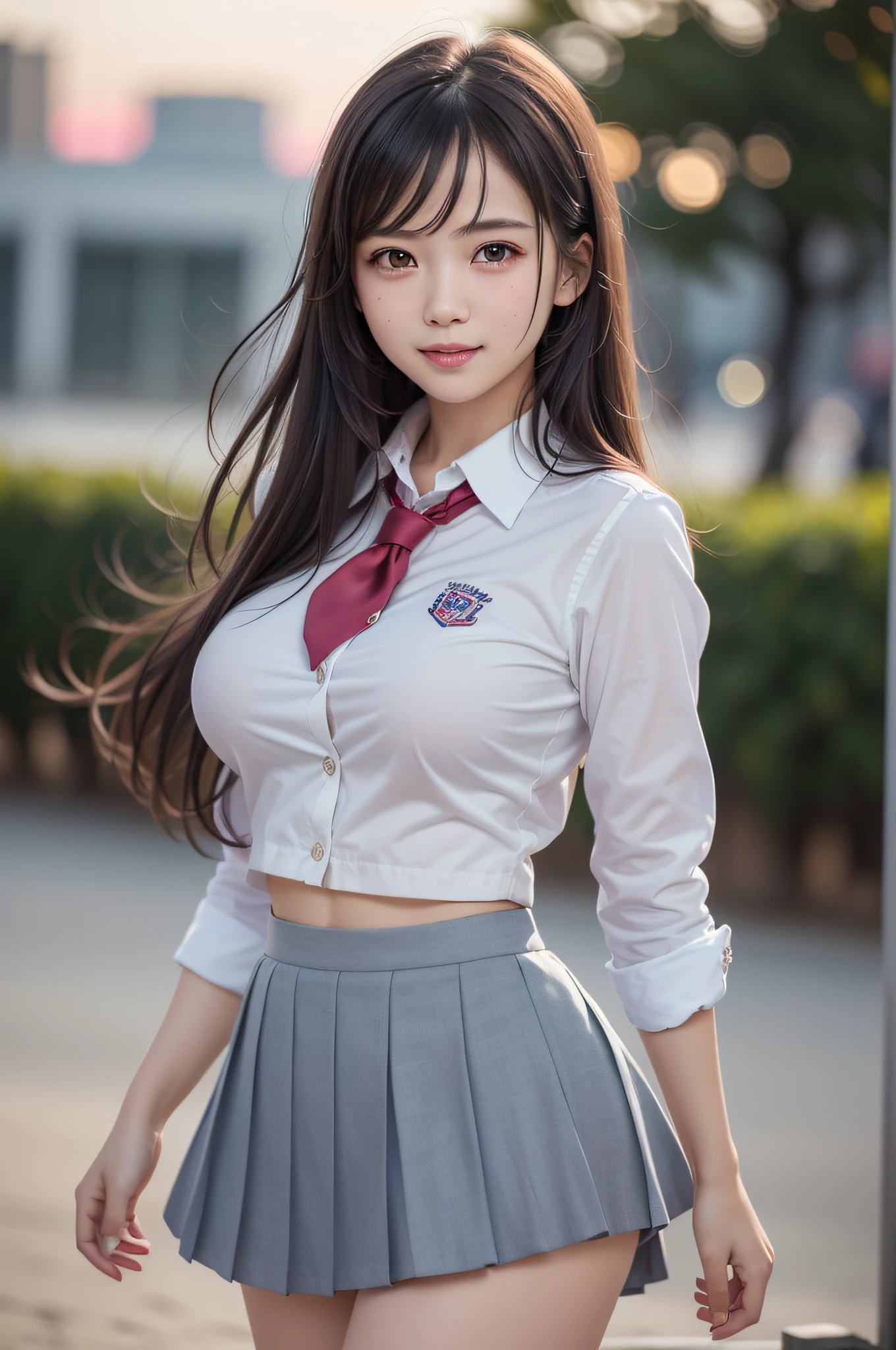 (1young girls), (highly detailed Beautiful face), Amazing face and eyes, (Best Quality:1.4), (Ultra-detailed), (extremely detailed CG unified 8k wallpaper), Highly detailed, High-definition raw color photos, Professional Photography, Realistic portrait, Amazing face and eyes, Pink eyes, (hi-school uniform, pleated mini skirt:1.3), ((hi-school uniform with open chest)), brown hair, model, smile shyly, (beautiful big breasts:1.3), (((Bokeh))), depth of fields, depth of fields, beach, twilight, sunset, (view from side:1.2),