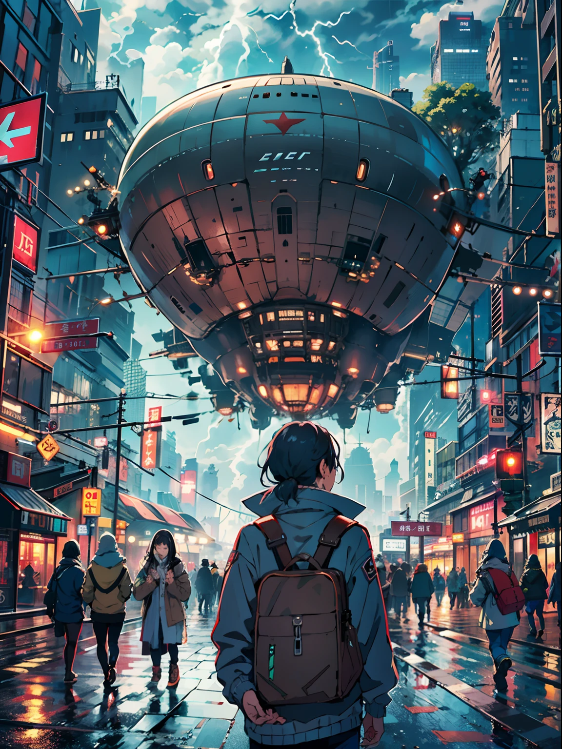 Lots of clouds,heavy fog、(Lightning:1.5)、Chaotic city of the future、Movie dystopia、(Giant airship:1.5)、A group of very tall skyscrapers stands in the center、Very complex cityscape,Crowded Chinese skyscrapers、street signs、streetlights、taxis、buses、Train、Vibrant lighting,Dark road、puddles、Chaotic、Beautiful and fantastic scenery、Cinematic scenery、hightquality、masutepiece,in 8K、hight resolution、