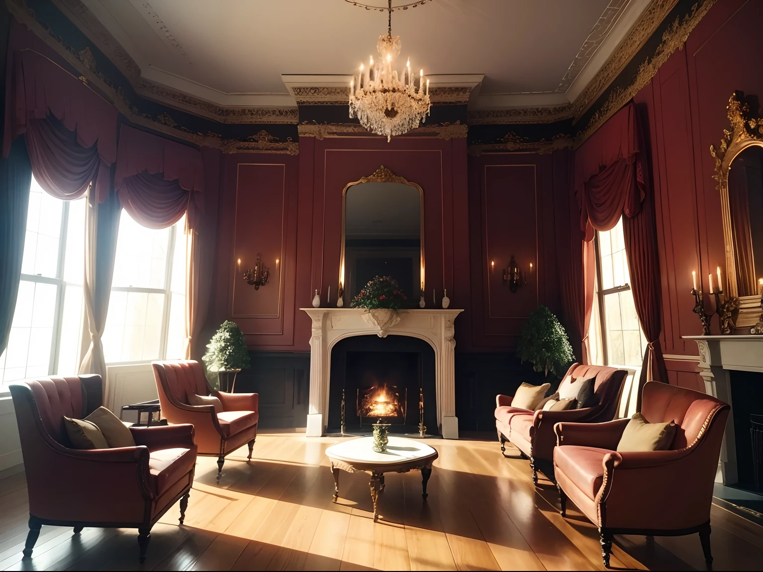 Warm and comfortable Victorian-style English room from 1887, featuring a large fireplace, exquisite mirrors, and elegant chandeliers. The room is bathed in warm, natural light coming in from the magnificent windows, offering a beautiful view of the outside scenery. The walls are adorned with intricate floral patterns and luxurious tapestries, adding a touch of opulence to the ambiance. The fireplace emits a gentle and inviting glow, creating a cozy atmosphere that beckons guests to gather around and enjoy its warmth. The mirrors, placed strategically throughout the room, reflect the flickering flames, further enhancing the overall elegance of the space. The chandeliers, hanging from the beautifully embellished ceiling, emit a soft and romantic glow, illuminating the room with a warm and inviting light. The furniture exudes a classic Victorian charm, with plush armchairs and a comfortable sofa, providing ample seating for relaxation and socialization. Delicate porcelain figurines and antique tea sets adorn the shelves, showcasing the owner's refined taste and love for elegance. The room is complete with rich, dark wooden flooring, adding to the overall warmth and authenticity of the Victorian era. The color palette consists of deep, rich hues of burgundy, emerald green, and gold, accentuating the luxurious atmosphere. The overall lighting is soft and welcoming, creating a serene ambiance that invites guests to unwind and enjoy the timeless beauty of this Victorian masterpiece.