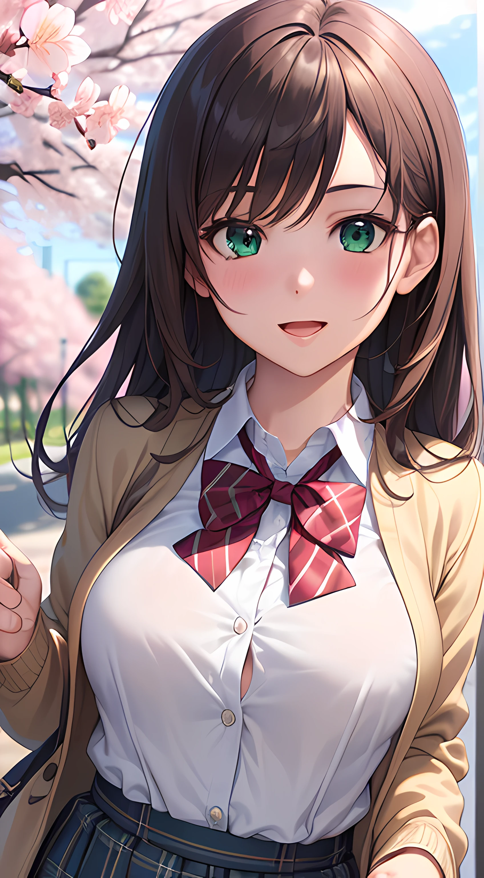 ((masterpiece, best quality, highres, UHD, perfect pixel, depth of field, 4k, RTX, HDR))), 1girl, single, solo, beautiful anime girl, beautiful artstyle, anime character, ((long hair, bangs, brown hair, curly hair:0.8)), ((green eyes:1.4, rounded eyes, beautiful eyelashes, realistic eyes)), ((detailed face, blushing:1.2)), ((smooth texture:0.75, realistic texture:0.65, photorealistic:1.1, anime CG style)), medium breasts, dynamic angle, perfect body, ((POV, dynamic pose, portrait)), ((red bowtie, school uniform, white shirt, brown cardigan, long sleeve, black skirt, plaid skirt)), smile, open mouth, amusement park, ((cherry blossom tree, cherry blossoms fall)), natural light, bright sky, sunshine