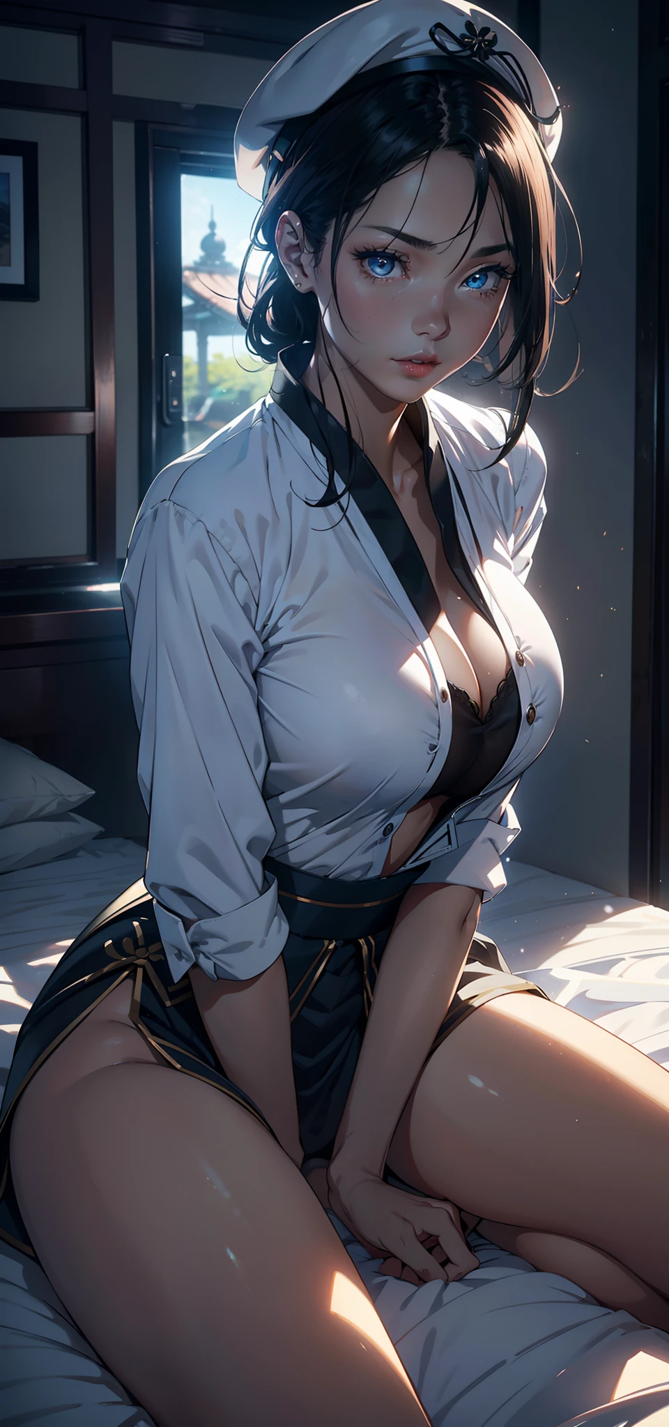 1womanl,33yo,熟妇,A MILF,extremely large bosom,Raised sexy,Pornographic exposure, 独奏,(Background with:aerodrome,ln the forest,Planes,)in an airplane, She has short black hair,bobo head,Redlip,裸体少女,dynamicposes,seen from the front, hair straight, mostly cloudy sky,(((tmasterpiece),(Very detailed CG unity 8K wallpaper),best qualtiy,cinmatic lighting,detailed back ground,beatiful detailed eyes,Bright pupils,(Very fine and beautiful),(Beautiful and detailed eye description),Blue eyes,Redlip,ultra - detailed,tmasterpiece,)),facing at camera,(The upper part of the body),A high resolution,ultra - detailed),revealing breasts,Bare genitalia, Bulge,Lie down in bed,Leakage of the genitals,Incontinence,legs are open,sexyposture,Camel toes,Flushed complexion,Open-mouthed,frontage,Chinese flight attendant,beret(Wearing:,White Hanfu)