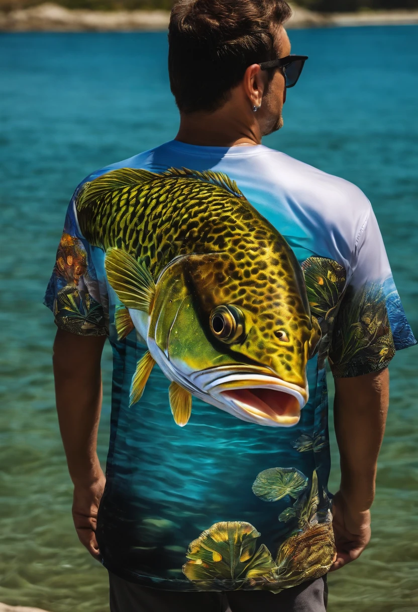 sublimated fishing shirts custom, na cor preta, with a peacock bass fish, frente e verso, escrito "Sem Peixe, Sem Problemas".