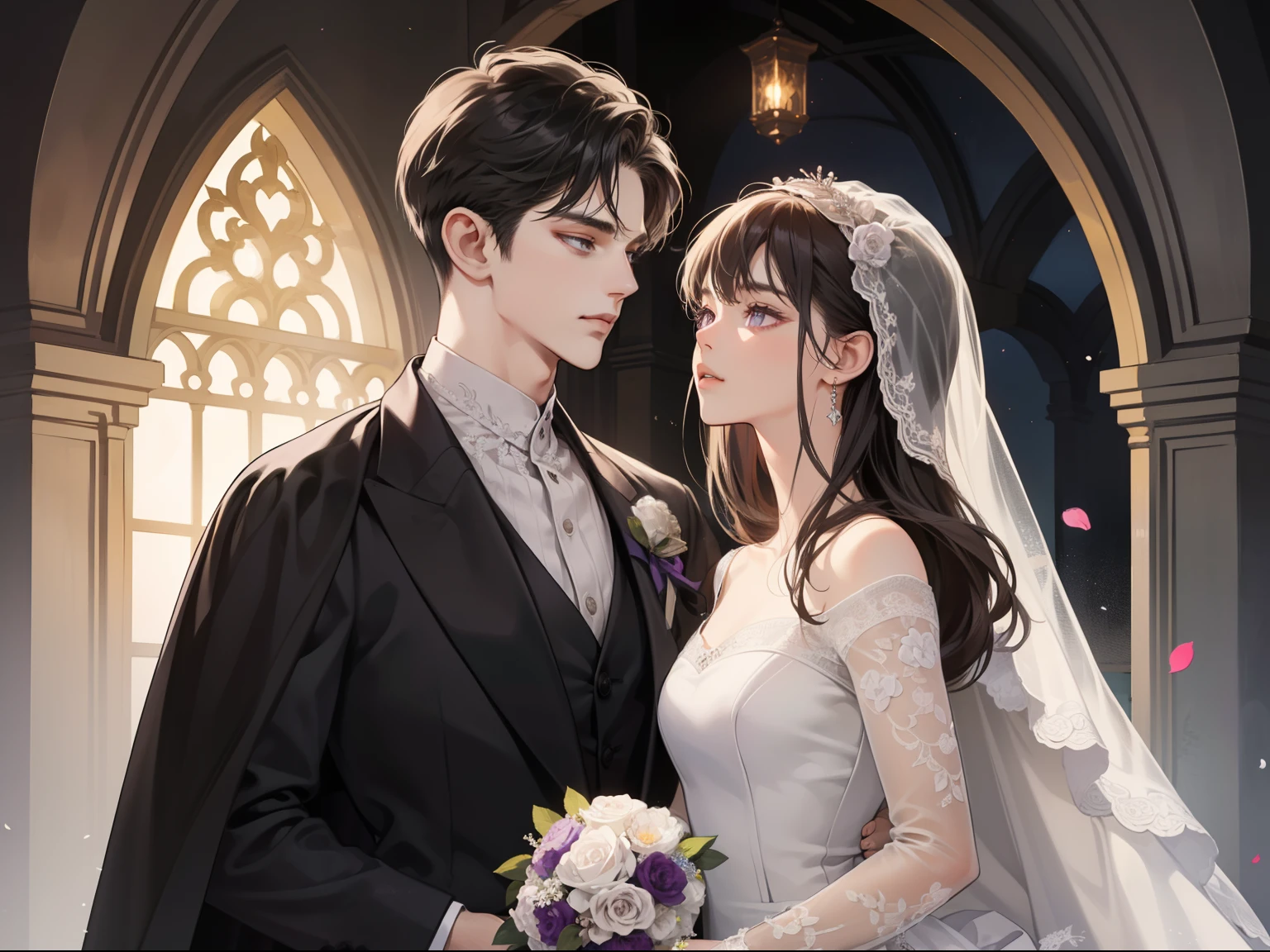 (ultra-detailed, best quality, high resolution), whole body, dynamic angle,Flowing and dynamic,cinematic,a woman and a man standing in the middle of a beautiful wedding venue, (masterpiece:1.4), intricately detailed wedding attire, the woman wearing a long white gown with lace details and a veil, the man wearing a tailored tuxedo, their faces expressing joy and love, the background adorned with colorful flowers and romantic decorations, (high resolution:1.4), the woman's shiny skin and the man's formal attire creating a striking contrast, the atmosphere filled with happiness and the promise of a lifetime commitment. (BREAK) Intimate moment, the couple exchanging a loving glance, Hands and arms accurately