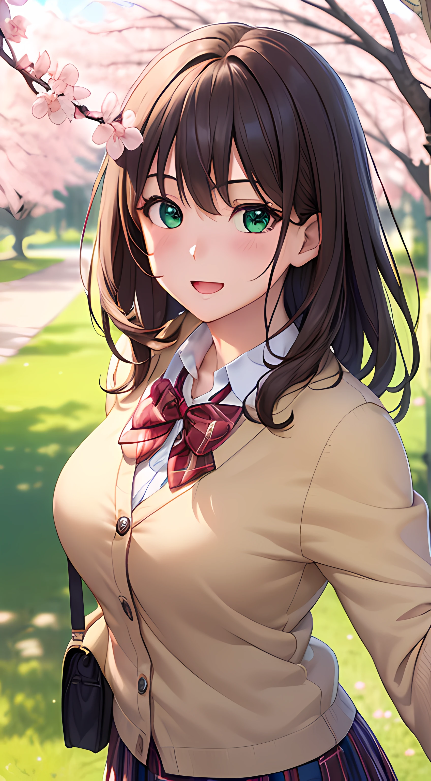 ((masterpiece, best quality, highres, UHD, perfect pixel, depth of field, 4k, RTX, HDR))), 1girl, single, solo, beautiful anime girl, beautiful artstyle, anime character, ((long hair, bangs, brown hair, curly hair:0.8)), ((green eyes:1.4, rounded eyes, beautiful eyelashes, realistic eyes)), ((detailed face, blushing:1.2)), ((smooth texture:0.75, realistic texture:0.65, photorealistic:1.1, anime CG style)), medium breasts, dynamic angle, perfect body, ((POV, dynamic pose, portrait)), ((red bowtie, school uniform, white shirt, brown cardigan, long sleeve, black skirt, plaid skirt)), smile, open mouth, amusement park, ((cherry blossom tree, cherry blossoms fall)), natural light, bright sky, sunshine