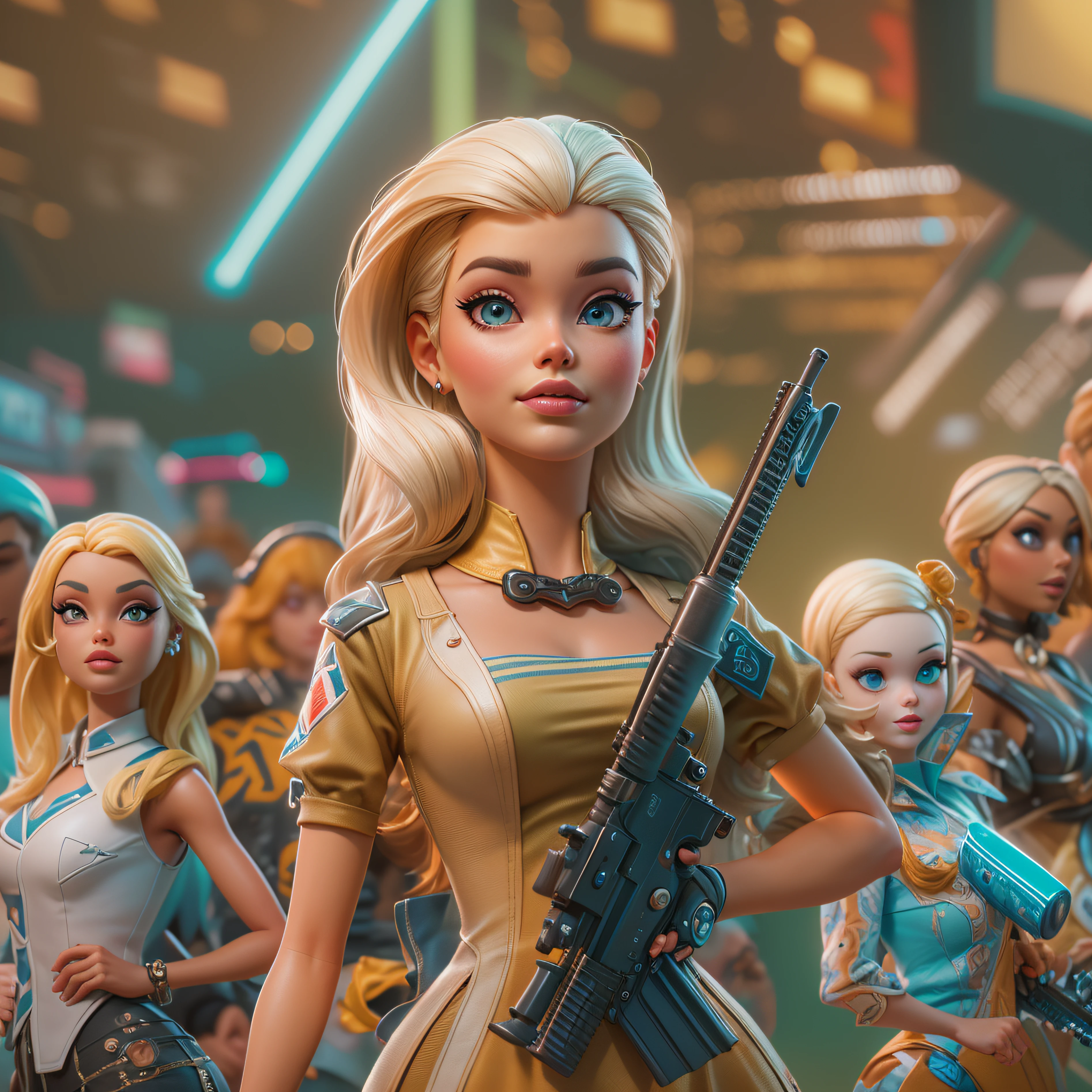 vertical format, a close up of a woman in a green dress standing in front of a bunch of robots, as a retro futuristic heroine, board game cover art, blonde women, futuristic year 4 0 0 0, lurid, inspired by Laurie Lipton, golden computers, movie screencap, moog hd, by Stevan Dohanos, cp2077 , vertical image format