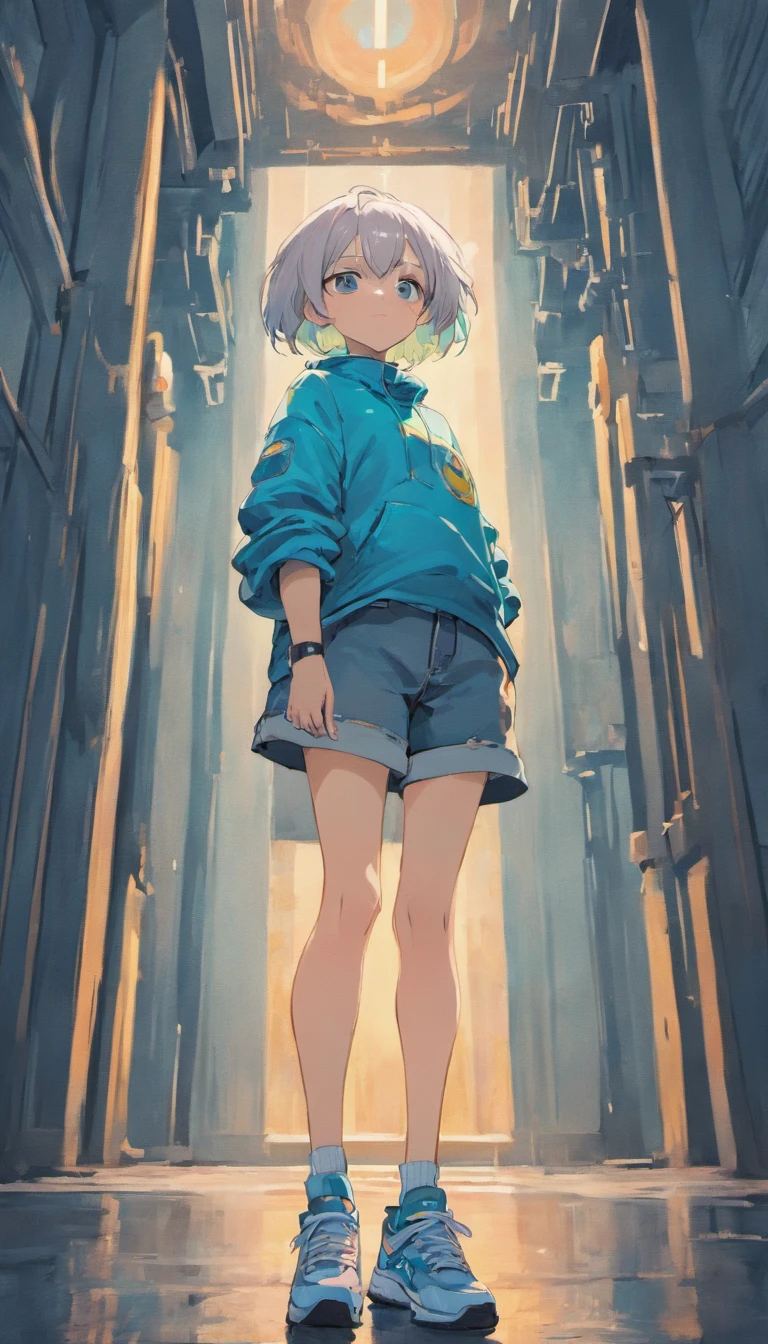 simple grunge art, girl with short silver hair, sophisticated, tomboy style, baggy jeans, platform sneakers, pose worms eye view, looking at viewer