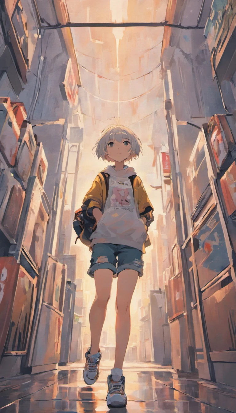 simple grunge art, girl with short silver hair, sophisticated, tomboy style, baggy jeans, platform sneakers, pose worms eye view, looking at viewer