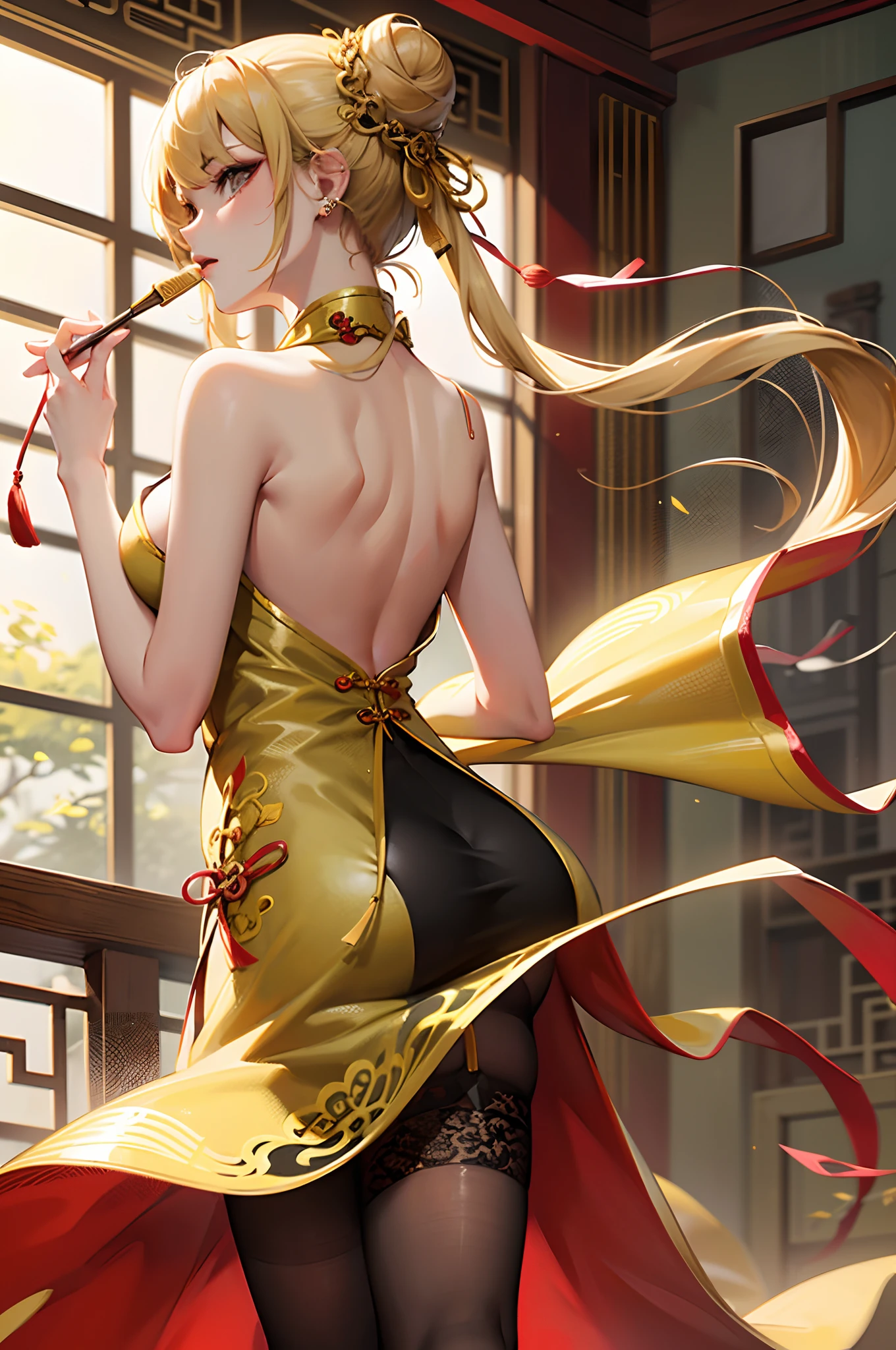 a beauty girl,Black and gold cheongsam,black lence stockings,Ancient wind,China-style,Chinese tradition,cleavage,(blond hairbl),cabellos largos dorados,(Delicate face),folding fan,hair-bun,耳Nipple Ring,High-forked cheongsam,Split cheongsam,(Bare back)