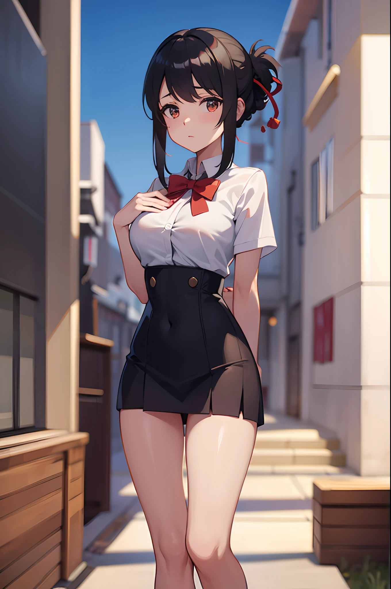 Mitsuha, pezones, piernas gruesas, ((brasier)) sexy, uniforme escolar