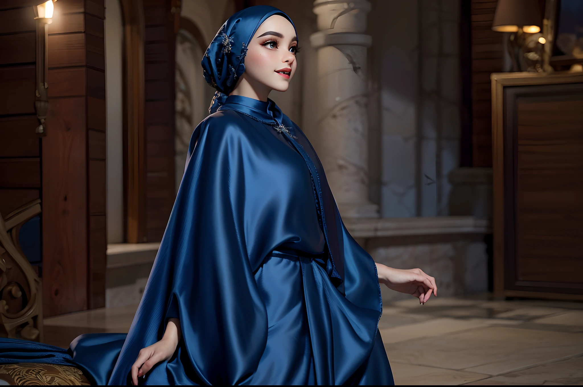 3dmm style, Masterpiece, best quality, photography, detailed skin, realistic, photo-realistic, 3D Character Design, pixar, real cartoon, 8k, highly detailed, full length frame, High detail RAW color art, diffused soft lighting, shallow depth of field, sharp focus, hyperrealism, cinematic lighting, ((close up)) hijab, a woman, beautifully makeup, brown beautiful big eyes, long eye lashes, wearing (Dark blue satin hijab), loosely tide hijab style, ((gray satin kaftan dress))