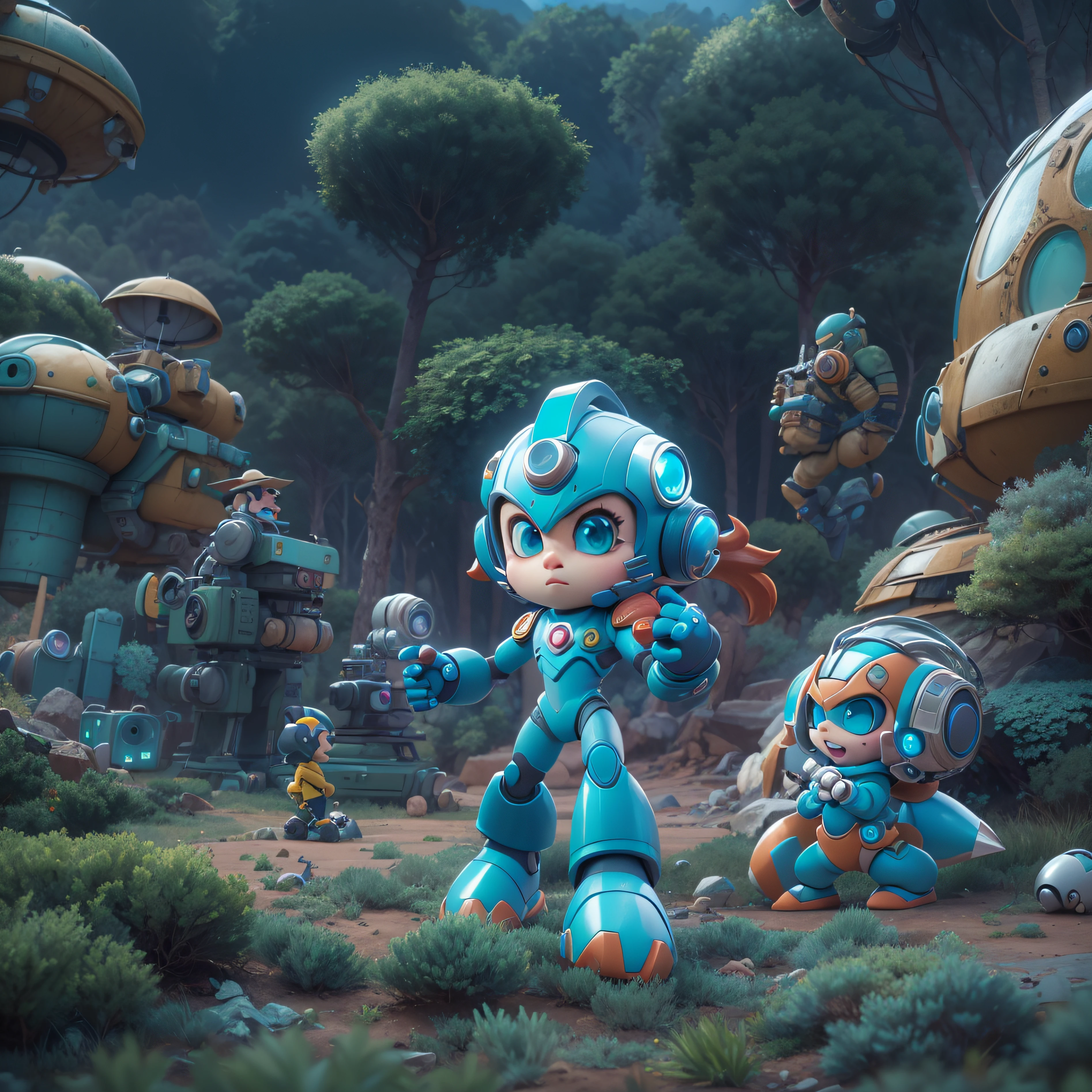 mega man classico,  ultra-detailed, with vivid colors, sharp focus, and studio lighting, in a sci-fi landscape, with physically-based rendering. (melhor qualidade,4k,8k,alto,master part:1.2),.3D Pixar cute adorable style ,Estilo Disney, design de personagens, Financiador,ultra-detalhado,(Realistic,fotorrealista,photo-realistic:1.37)