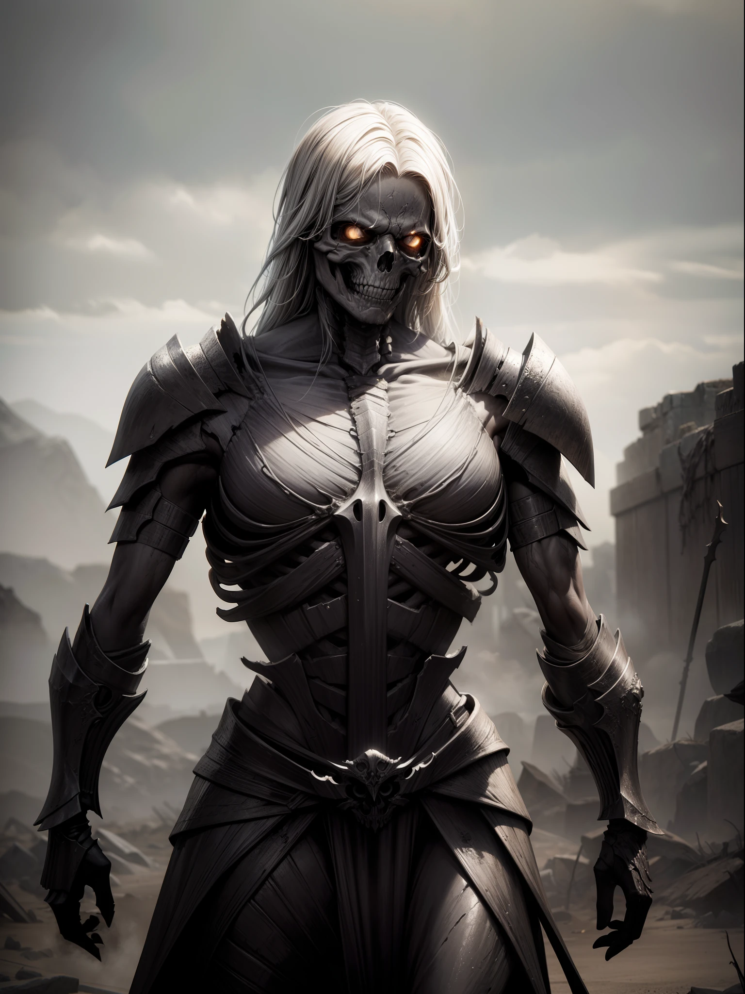 A Photograph of a skeletal warrior amidst a desolate battlefield, bathed in warm tones with a cinematic touch. The warrior's weathered bones exude an ethereal glow, contrasting against the smoky background. Dramatic lighting highlights the intricate details of its armor, conveying strength and resilience. masterpiece, high details, best quality, HD, realism.
