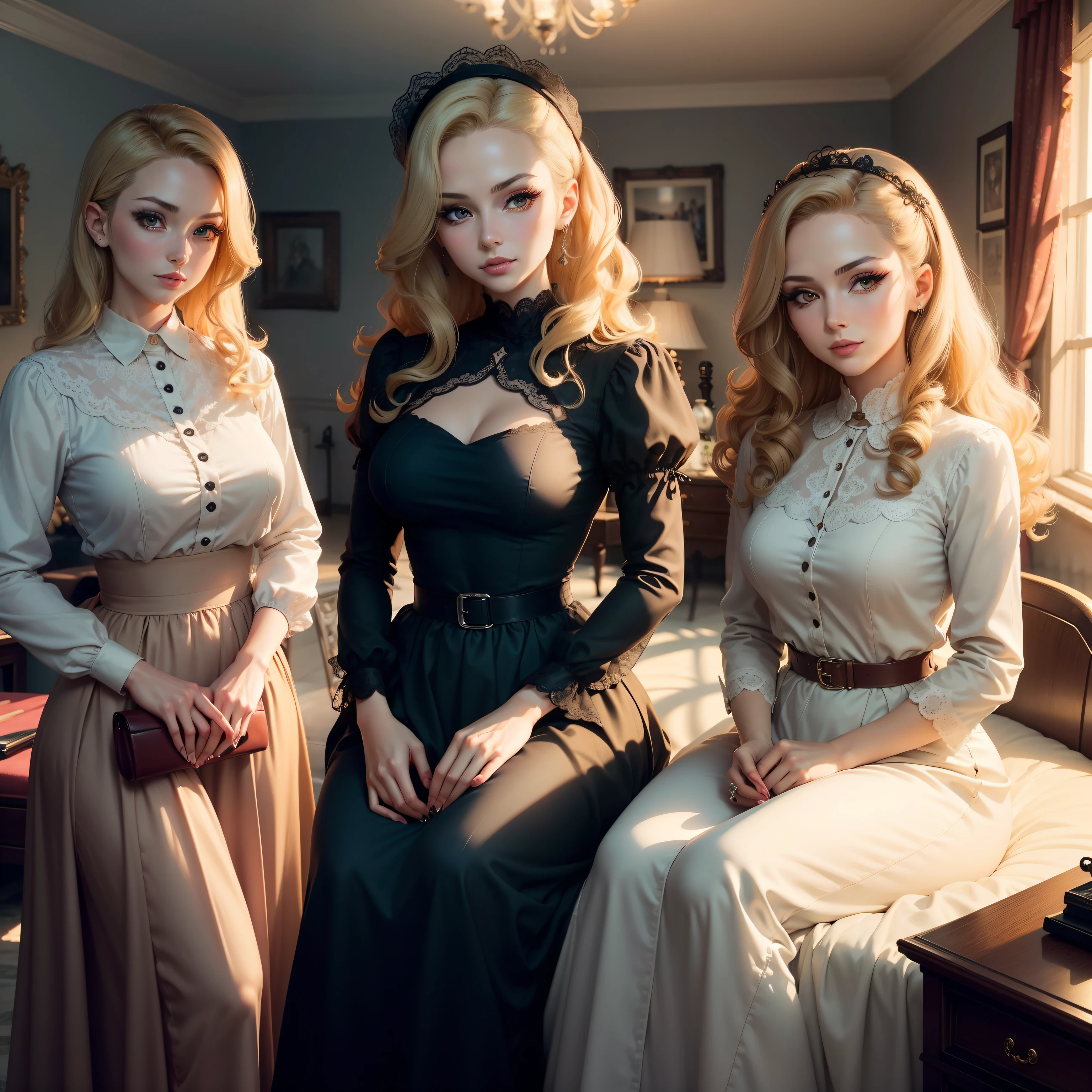(masutepiece:1.2), (Best Quality:1.2), Full body portrait,Perfect eyes, Perfect face, Perfect Lighting, 1girl in, Mature woman in the field, medium blonde hair, Curly hair, detailed clothes, Detailed 1950s room, makeup, eyeshadows, thick eyelashes, Fantasy, Looking at the viewer, spring,Drinking black tea