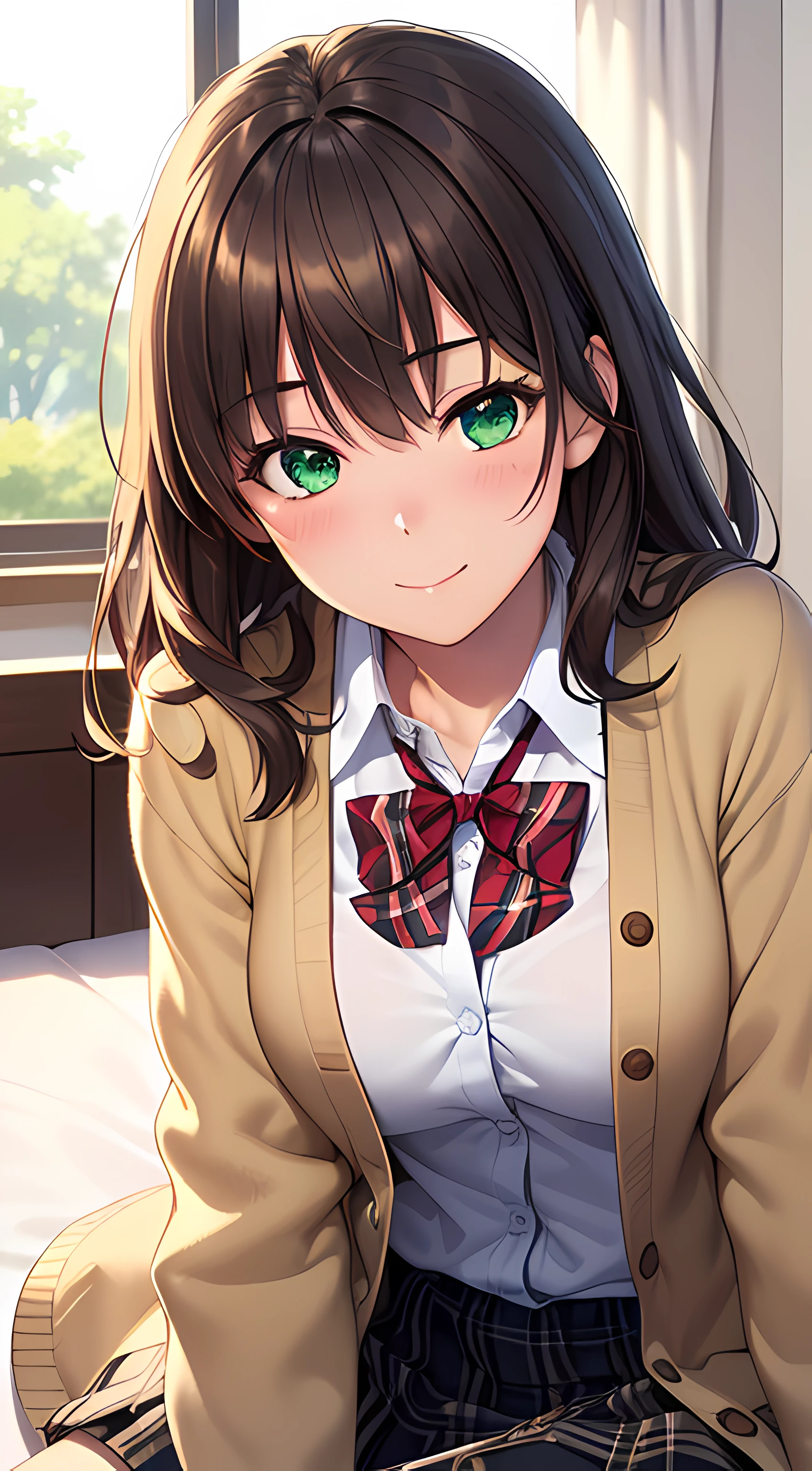 ((masterpiece, best quality, highres, UHD, perfect pixel, depth of field, 4k, RTX, HDR))), 1girl, single, solo, beautiful anime girl, beautiful artstyle, anime character, ((long hair, bangs, brown hair, curly hair:0.8)), ((green eyes:1.4, rounded eyes, beautiful eyelashes, realistic eyes)), ((detailed face, blushing:1.2)), ((smooth texture:0.75, realistic texture:0.65, photorealistic:1.1, anime CG style)), medium breasts, dynamic angle, perfect body, ((POV, sleeping pose, supine pose, laying on the bed, sighing expression)), ((red bowtie, school uniform, white shirt, brown cardigan, long sleeve, black skirt, plaid skirt)), smile, indoor, bedroom, natural light, sunshine