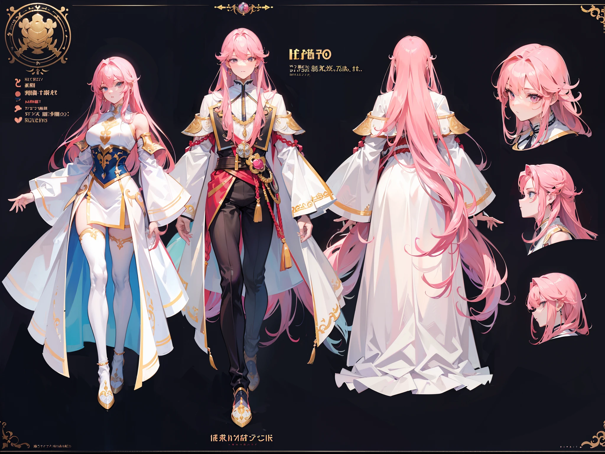 1boy, single, asian boy, reference sheet, character design, front angle, side angle, rear angle, dynamic poses, tall man, (masterpiece:1.2), (best quality:1.3), fantasy outfit, muscle body, athletic body. (Pink eyes), (long hair), (long bangs), (pink hair), (pale skin), (reference sheet:1.5)