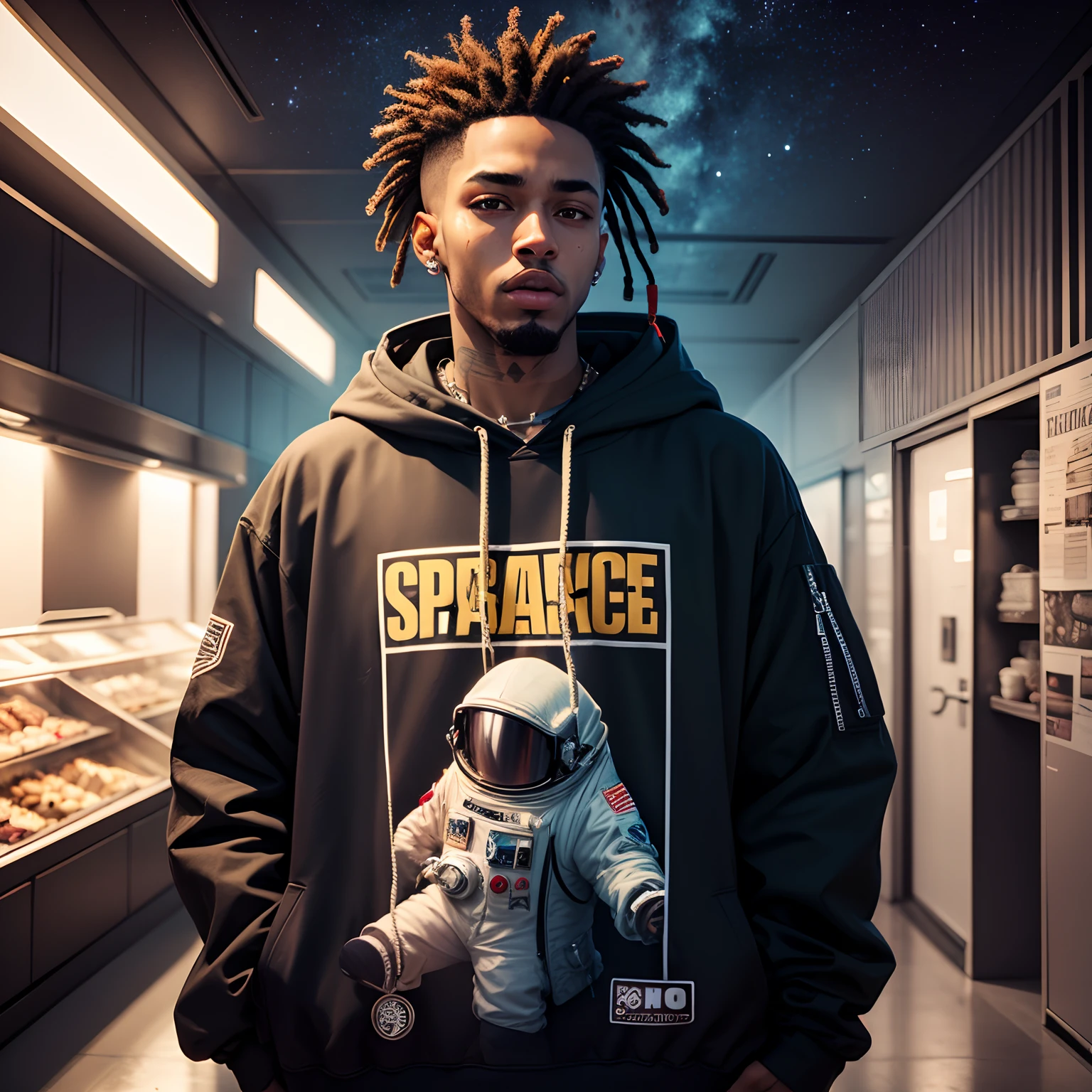 rapper, cabelo curto, in the space, moletom com capuz, cyberpunk
