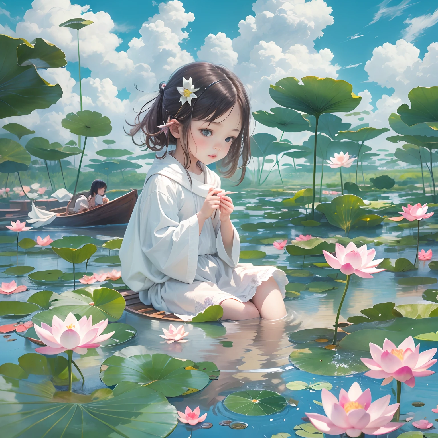 Little girl, small boats, Lotus pond, Blue sky and white clouds..