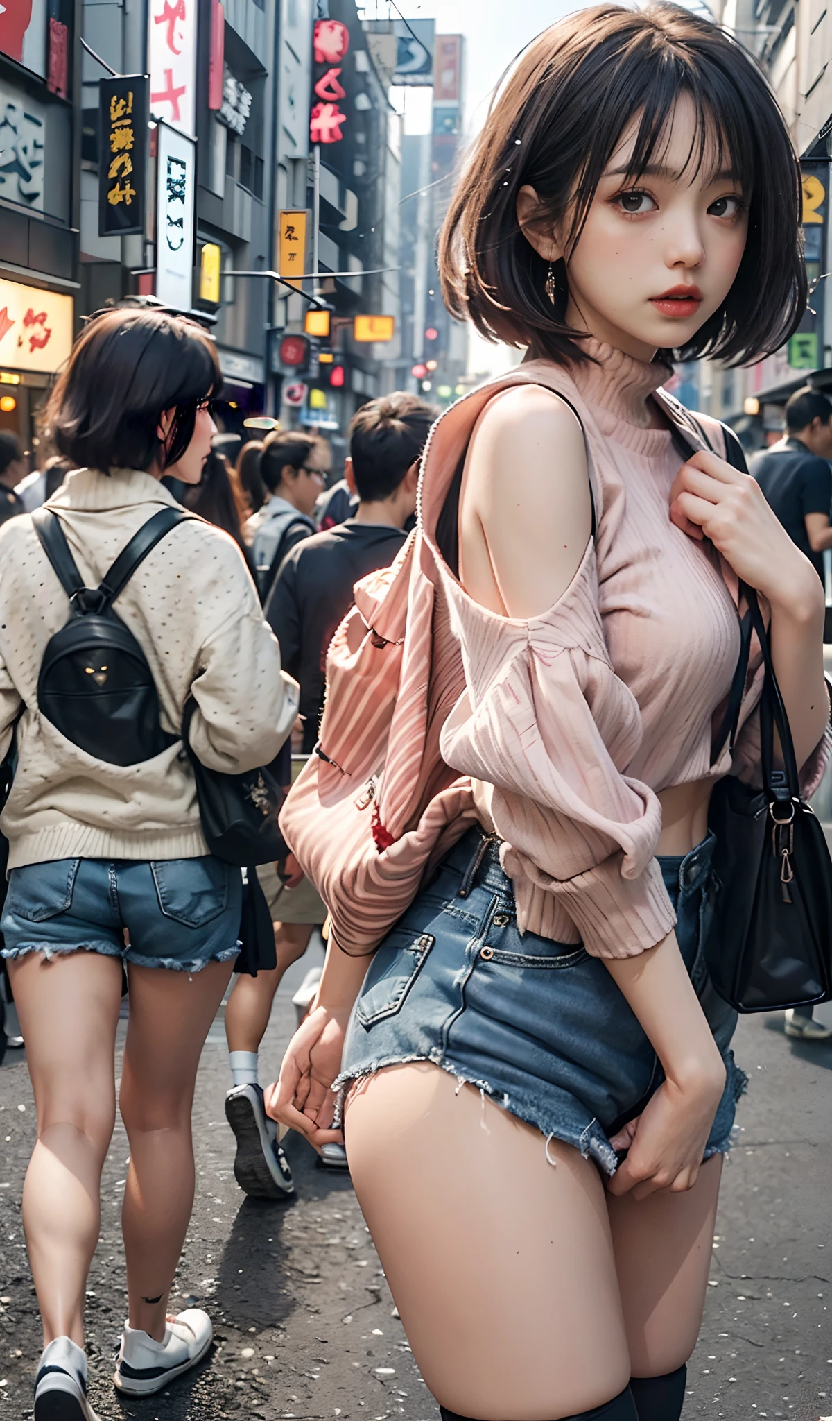 (top-quality)), ((​masterpiece)), ((realisitic)), (detaileds), (Photorealsitic:1.5), Sporty girl, japanes, drooing eyes、Cute、Year's on、Big sister、too beautiful、Miscon、(Leotard、polka dots、highleg), （short-cut、bob cuts、Hair is short、Bundled hair）、(knee high socks、zettai ryouiki)、 (Better ass,posterior view、completely visible、T back)、Looking at the camera, Systemic、 nffsw, Ray traching, NVIDIA RTX, Hyper-Resolution, Jimtarnet, Sub-surface scattering, PBR Texturing, post processed, Anisotropy Filtering, depth of fields, Maximum clarity and sharpness, thirds rule、4k wallpaper、4K shooting、(Luminescent particles:1.4)、(extremely details CG、Unity 8k Wallpapers、4K shooting、Fuji Film、。.。.。.。.。.。.。.。.。.。.3D、lighting like a movie、lensflare)、Reflectors、foco nítido、day cityscape、Daytime street、Bustling street、Crowds、Street with foot traffic、Crowded、N Ticker W、red blush、Red face、Red cheeks、embarrassed from、With a troubled face、movie shot、Emo、Future、Futuristic、nffsw、neotokyo、bladerunner、Renji Murata